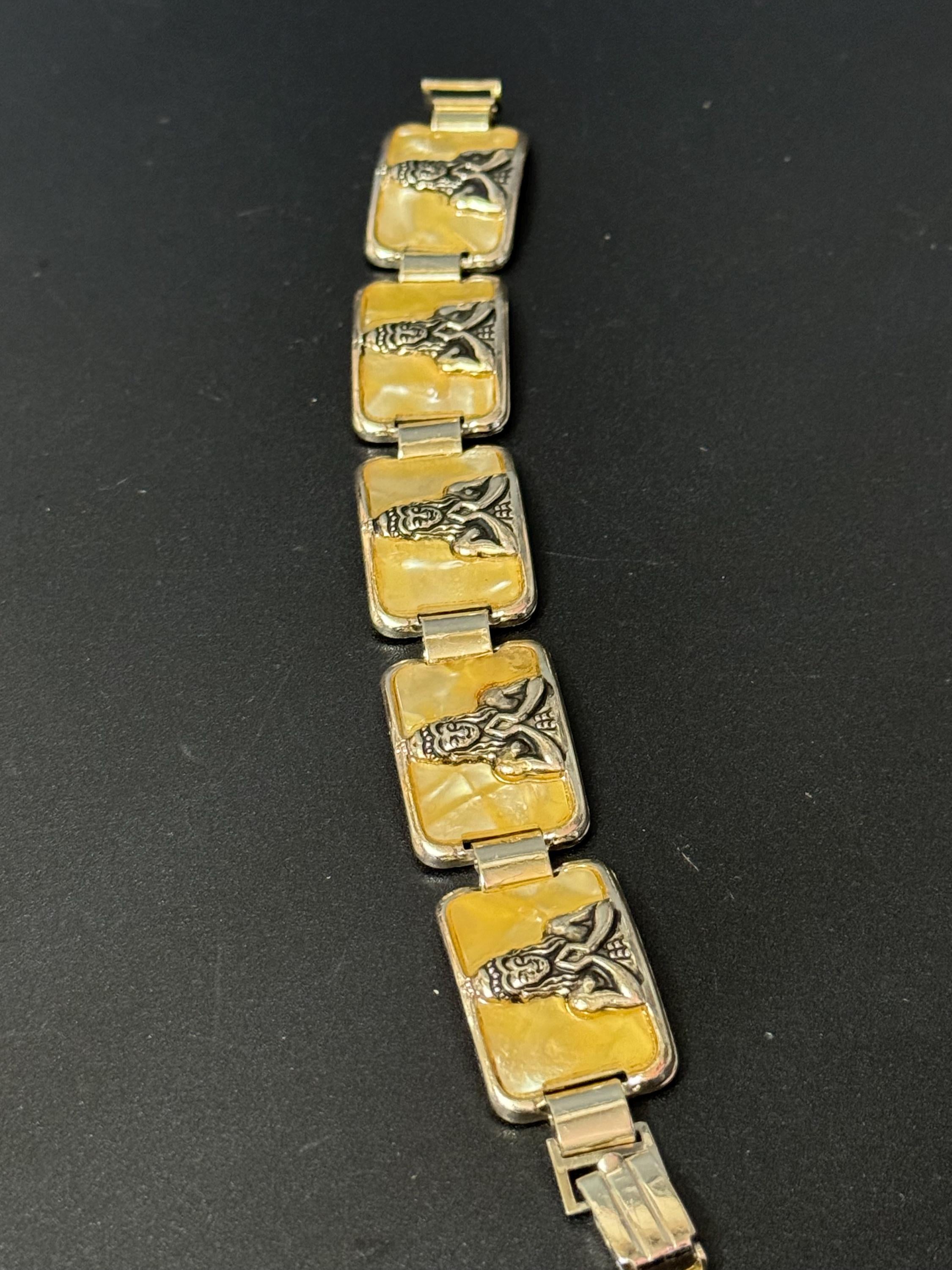 Egyptian revival Vintage Silver Tone cream celluloid Souvenir tourist panel link bracelet lightweight aluminium