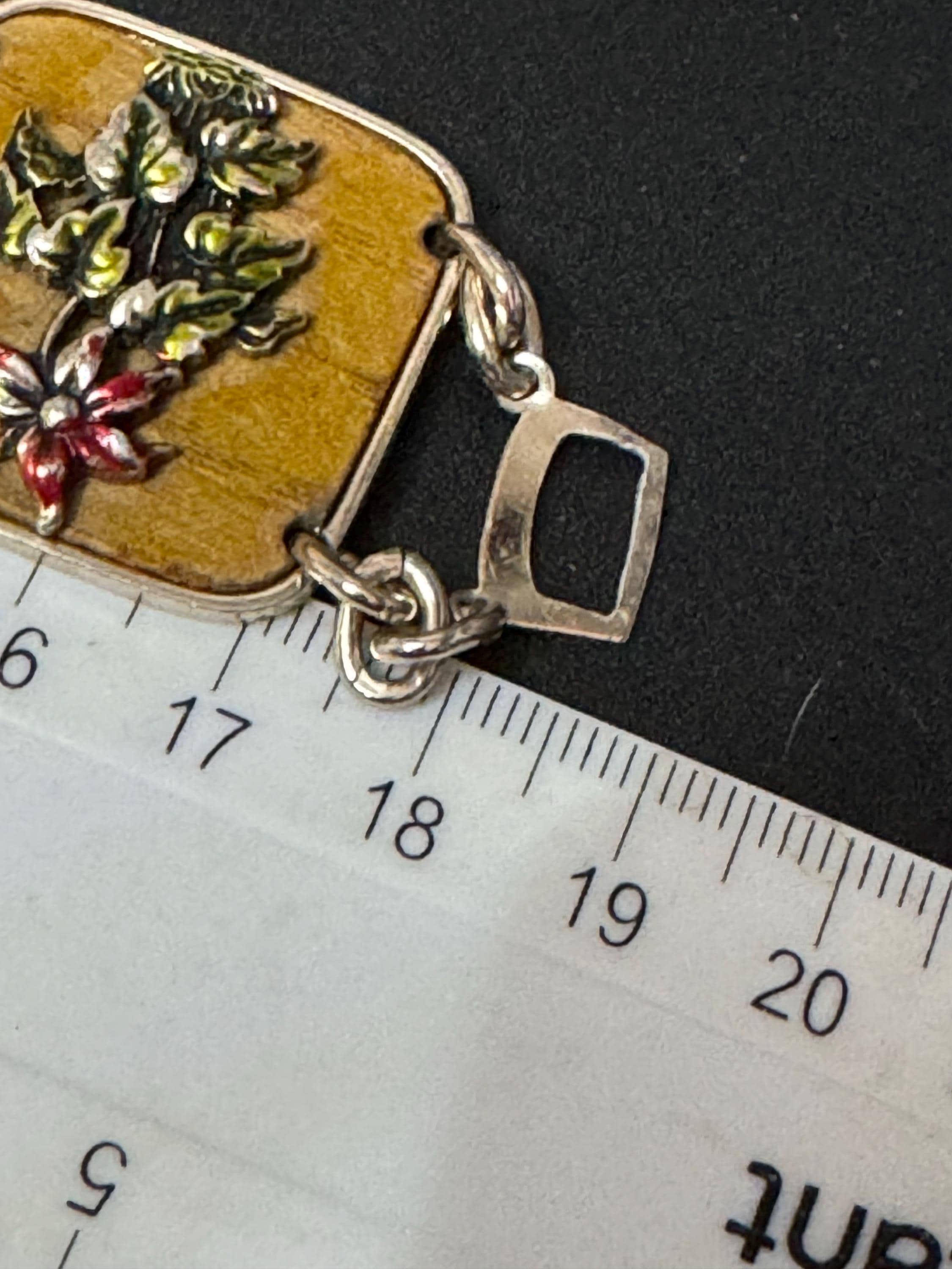 Vintage Silver Tone brown red enamel floral butterfly panel link bracelet lightweight aluminium