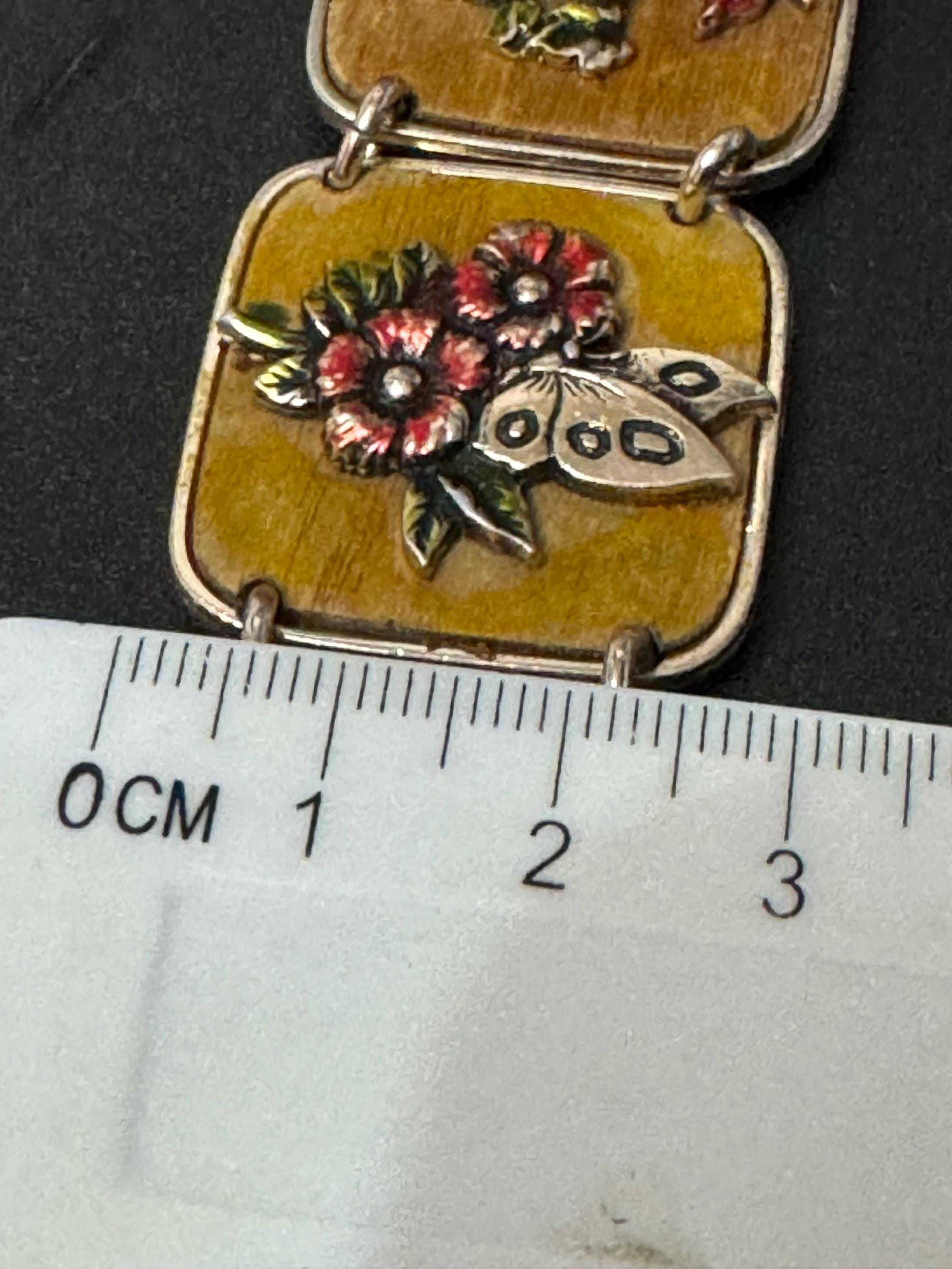 Vintage Silver Tone brown red enamel floral butterfly panel link bracelet lightweight aluminium