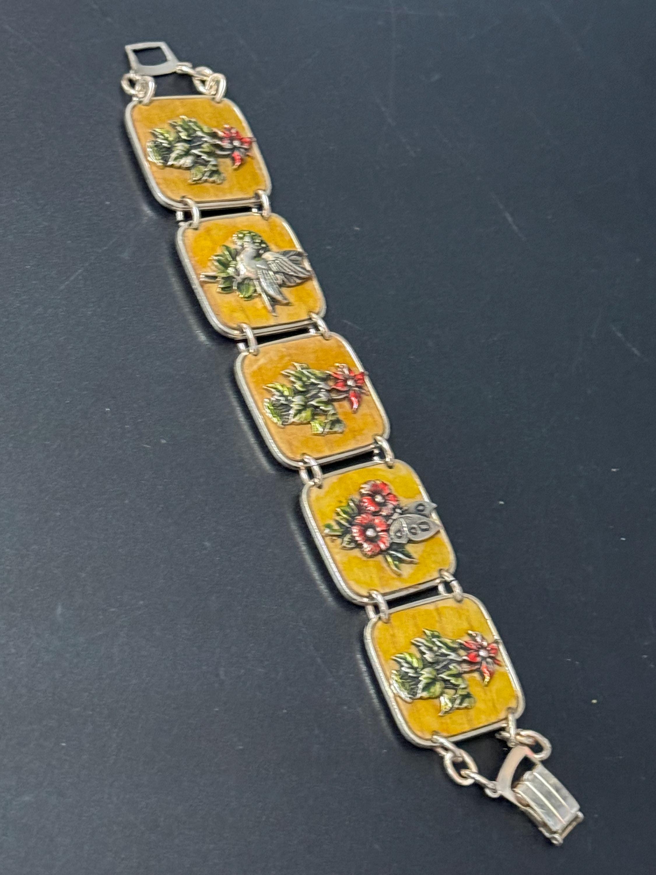 Vintage Silver Tone brown red enamel floral butterfly panel link bracelet lightweight aluminium