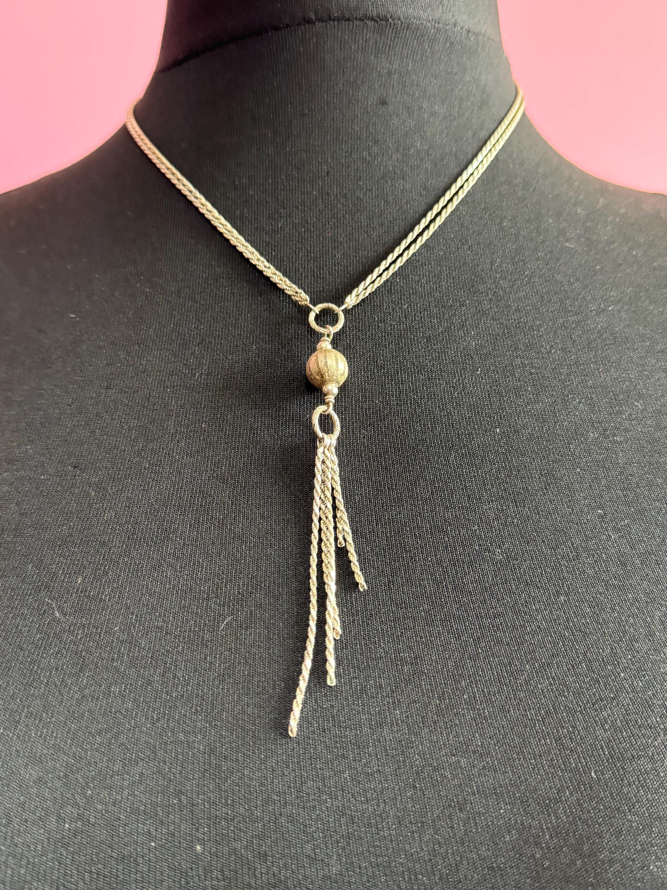 Vintage 925 sterling silver modernist 10cm long drop tassel pendant necklace 46-50cm 13.1grams