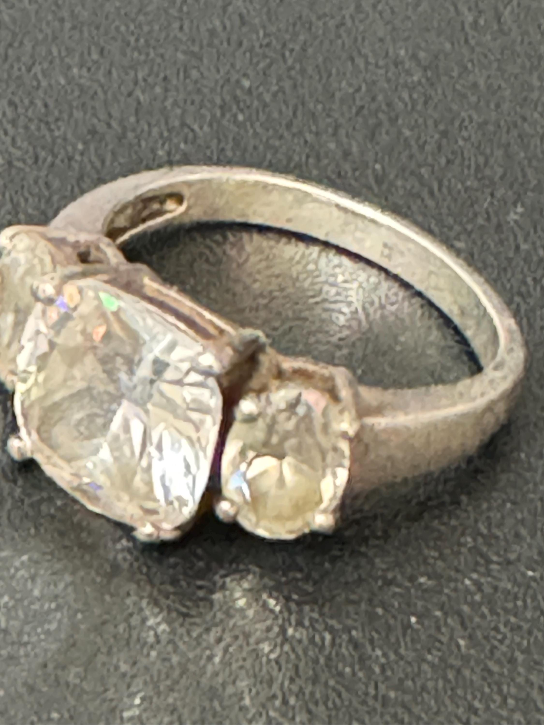 vintage clear square trilogy stone diamanté costume cocktail ring uk size O.5 modernist 925 sterling silver