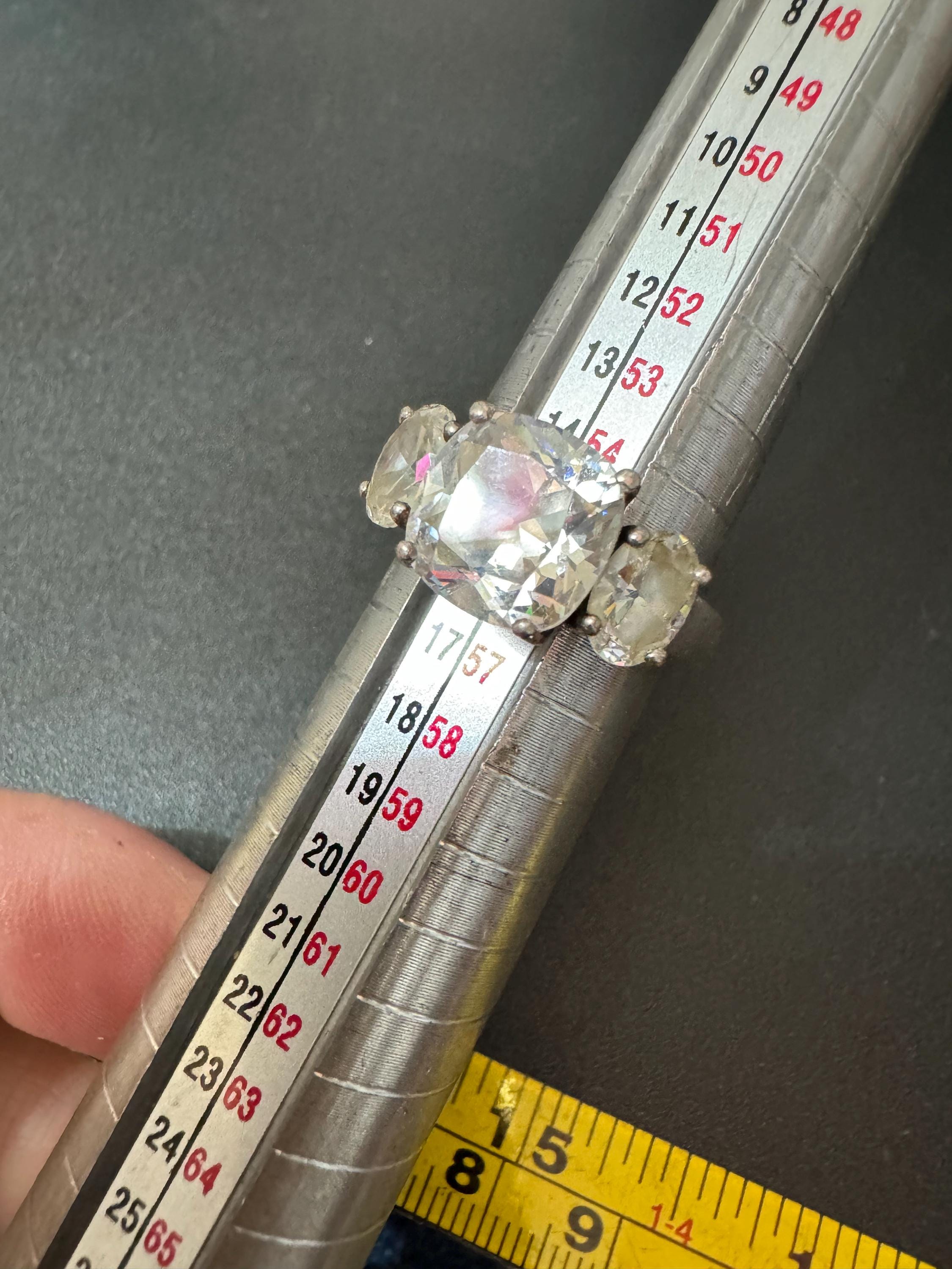 vintage clear square trilogy stone diamanté costume cocktail ring uk size O.5 modernist 925 sterling silver