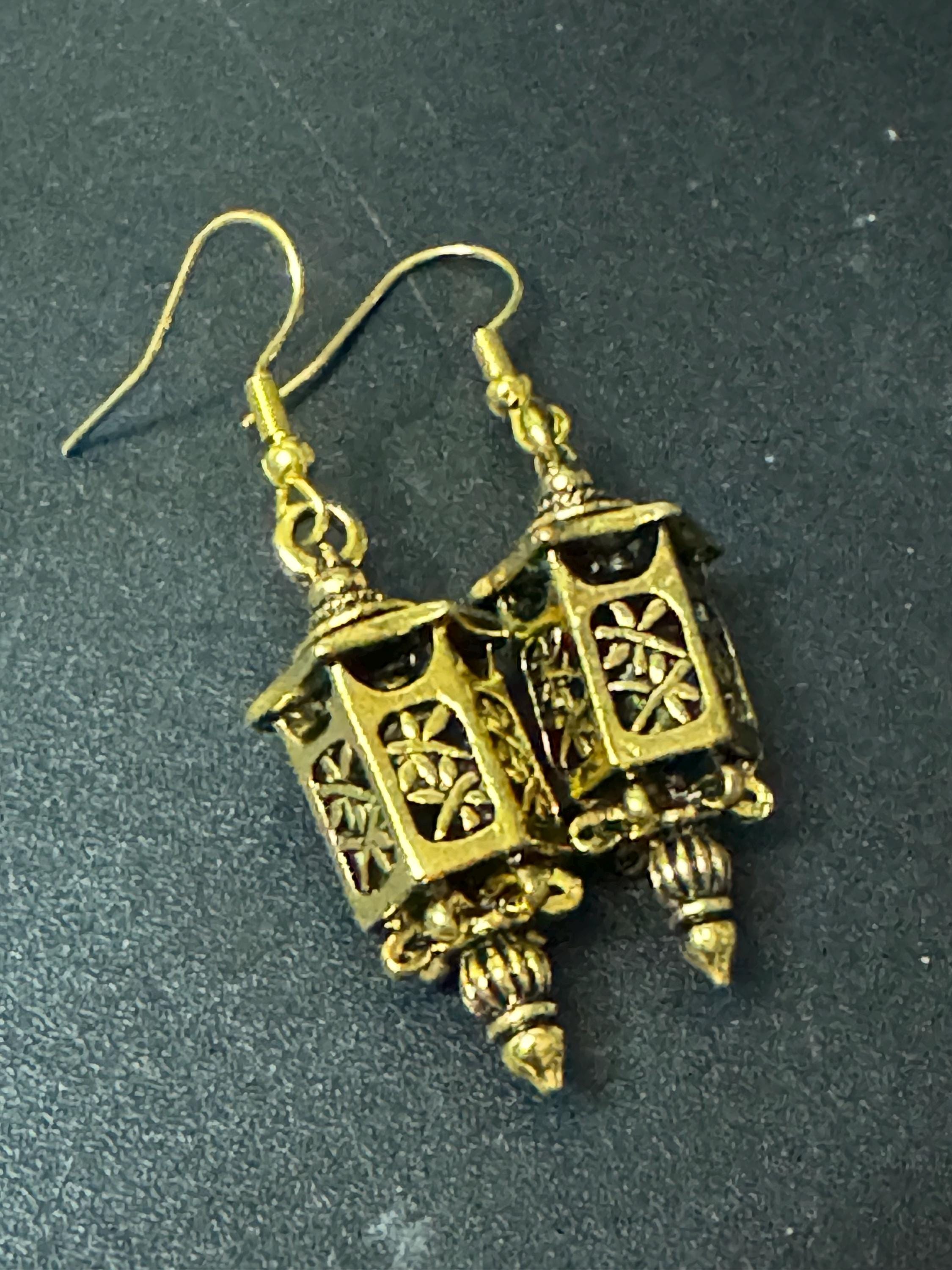 Chinese lantern gold tone drop charm earrings