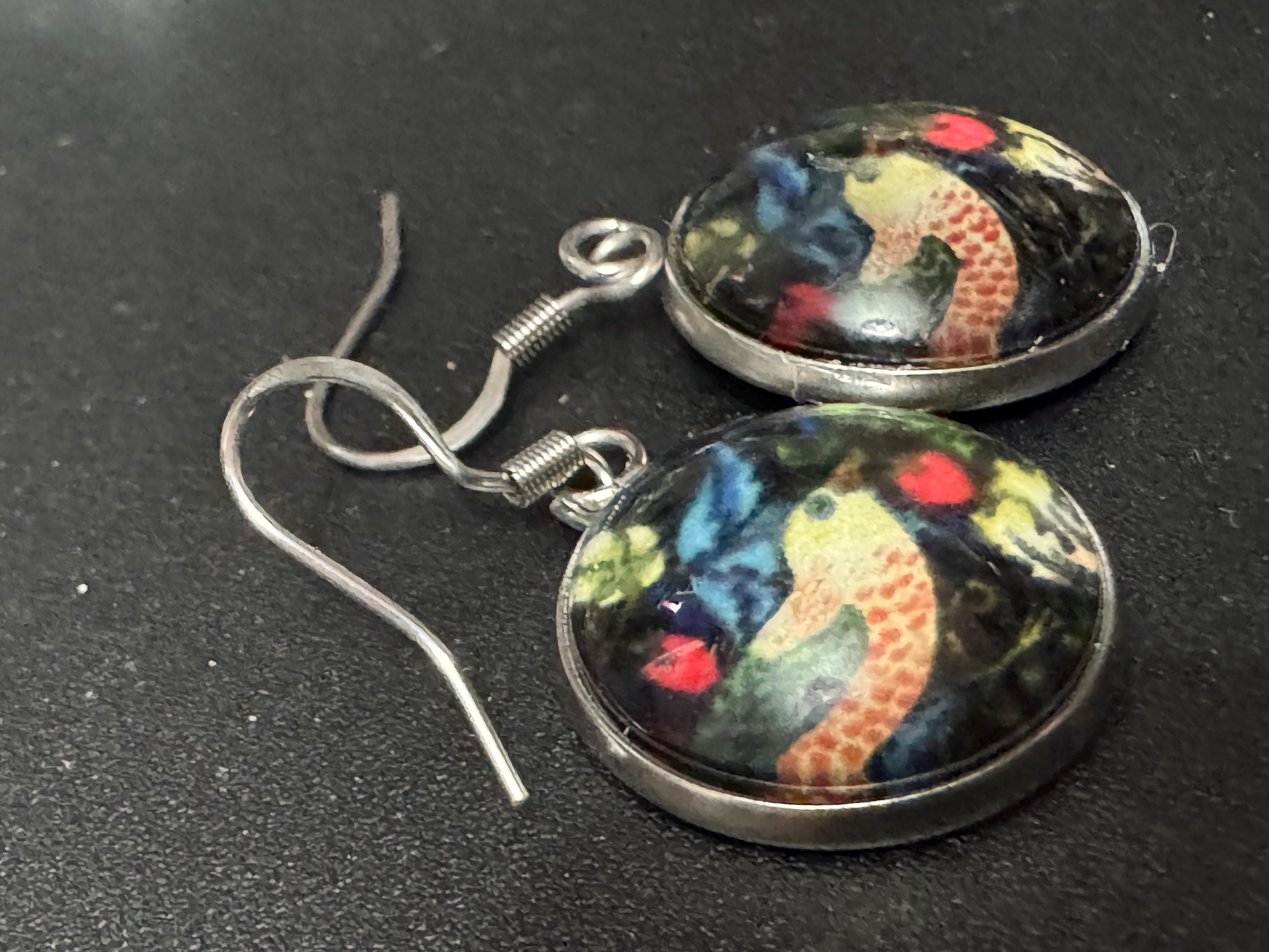 William Morris earrings strawberry thief print 18mm round glass cabochon non tarnish stainless steel