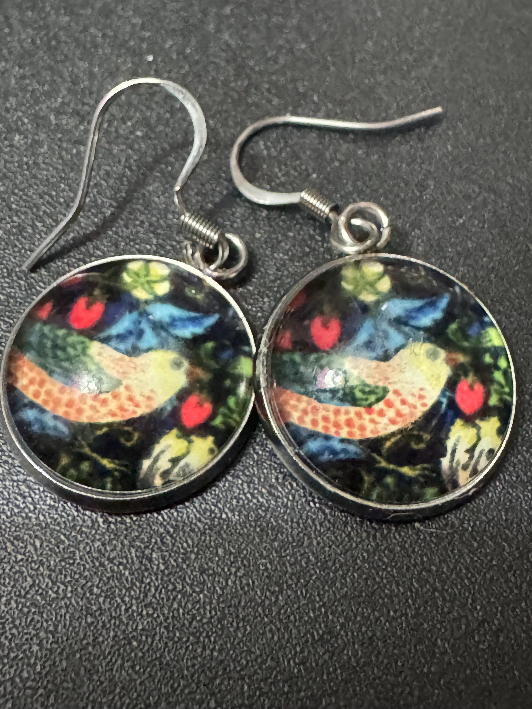 William Morris earrings strawberry thief print 18mm round glass cabochon non tarnish stainless steel