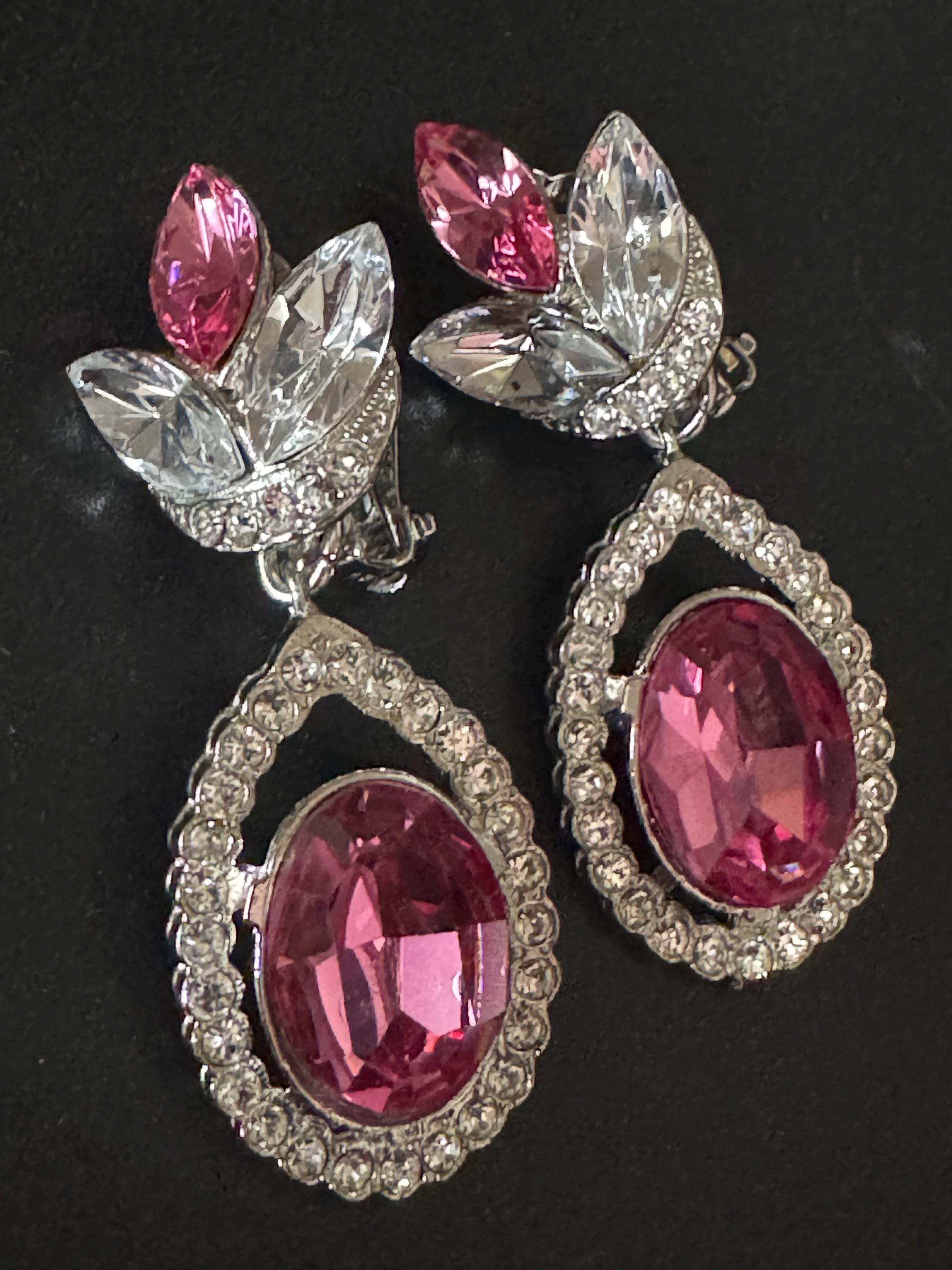 Vintage Swarovski Crystal Pink Teardrop Clip On Earrings