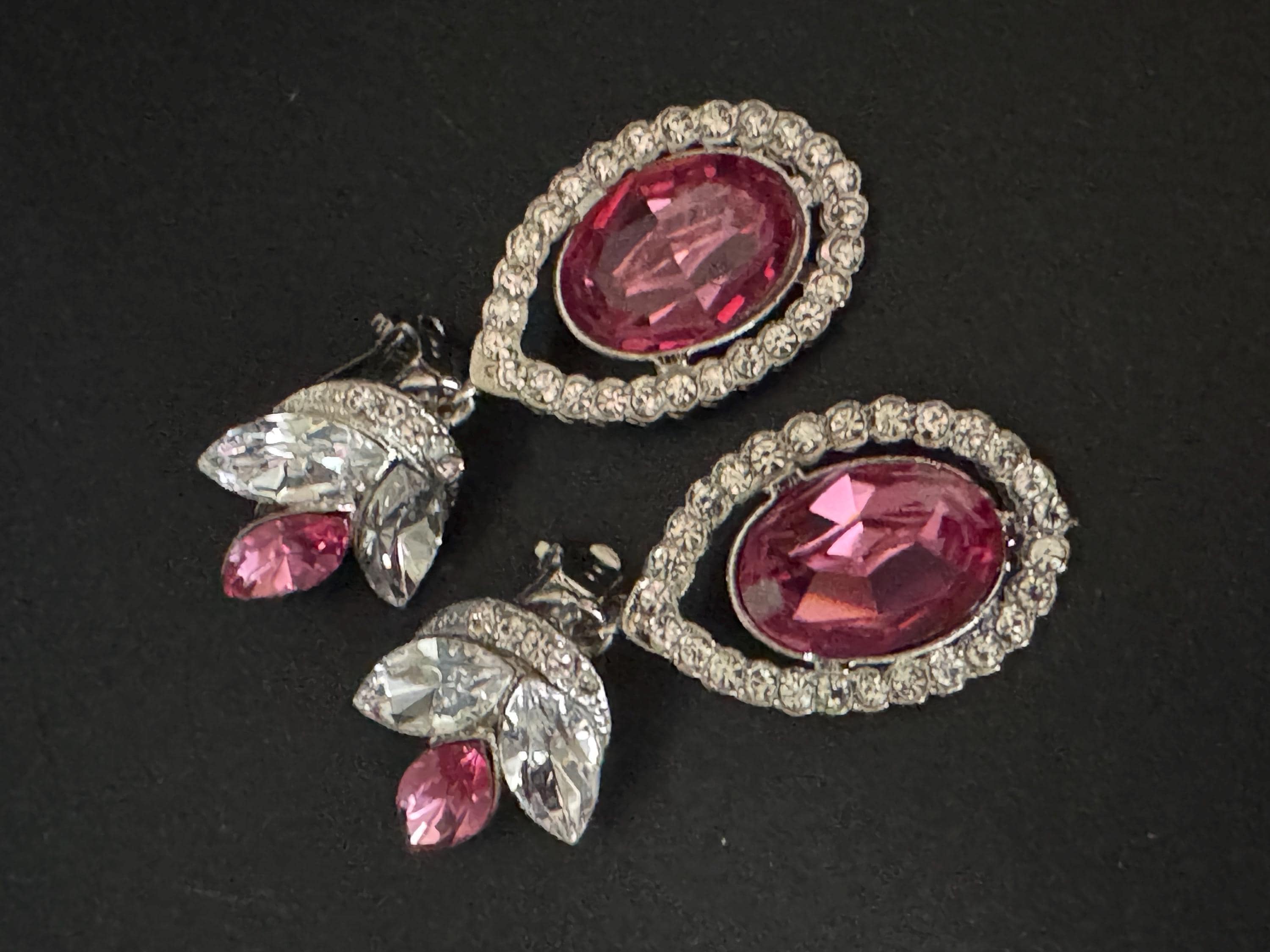 Vintage Swarovski Crystal Pink Teardrop Clip On Earrings