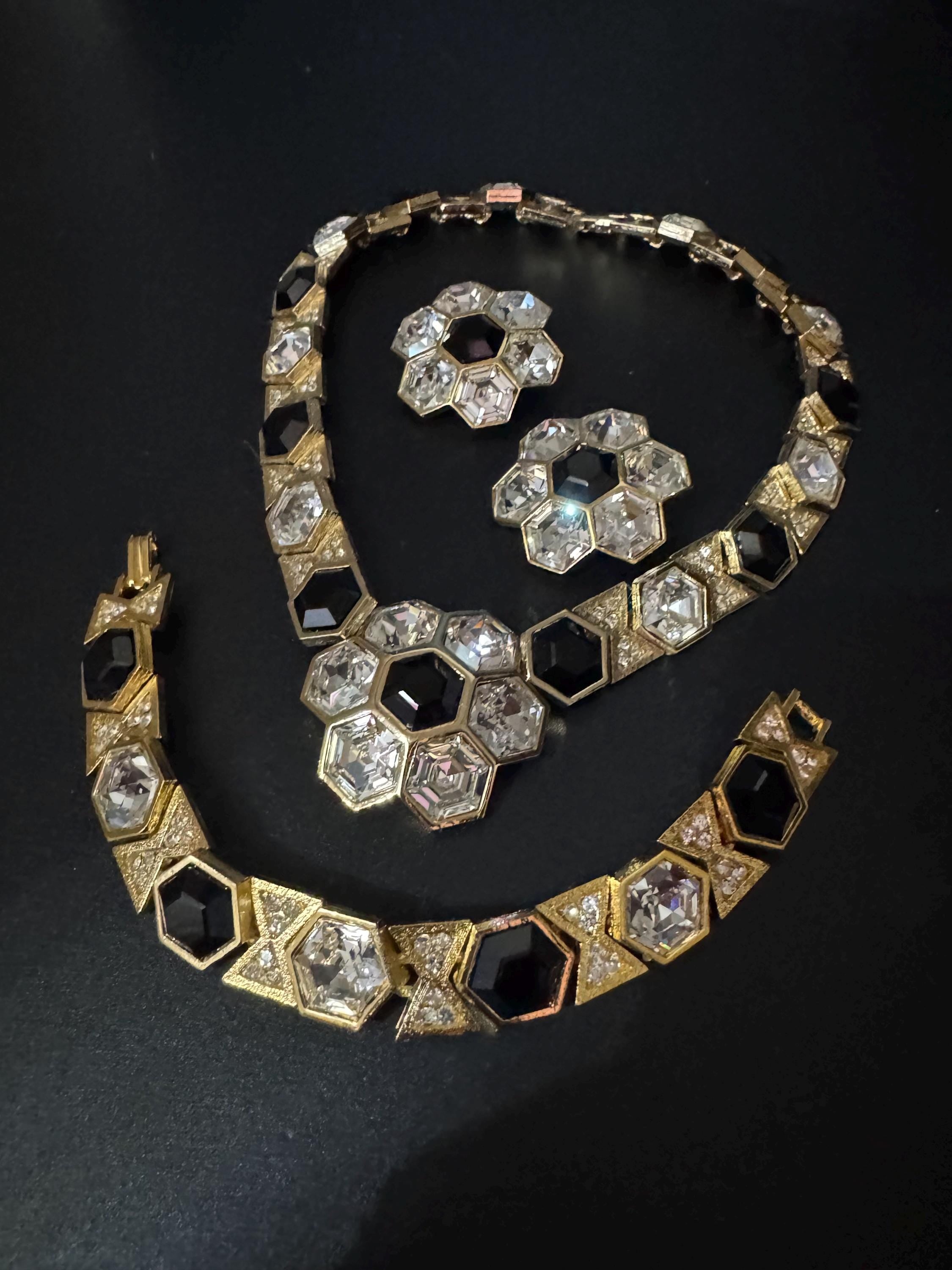 vintage gold tone octagonal ruby black and clear Swarovski crystal cocktail necklace bracelet and matching clip on earrings jewellery set