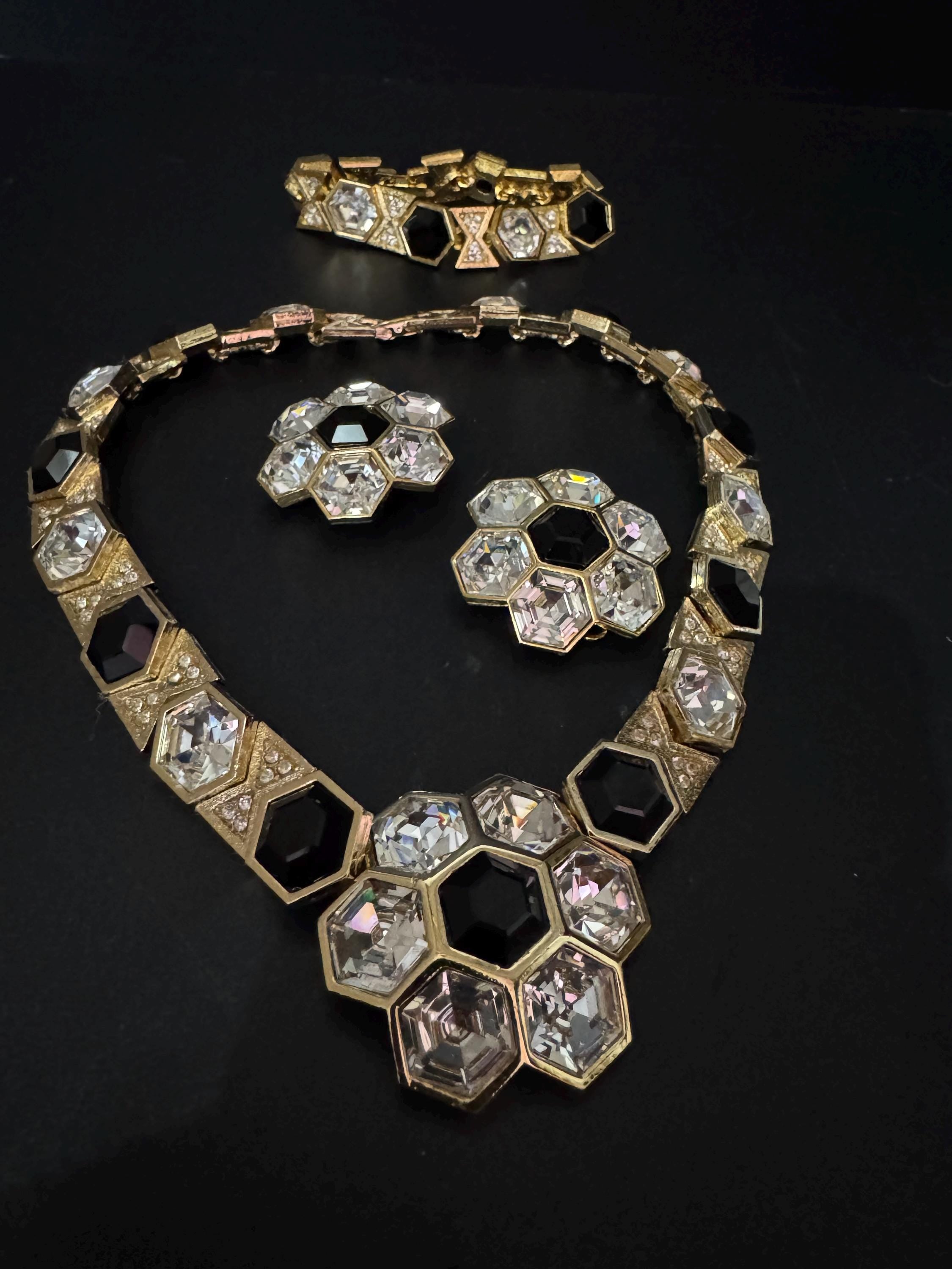 vintage gold tone octagonal ruby black and clear Swarovski crystal cocktail necklace bracelet and matching clip on earrings jewellery set