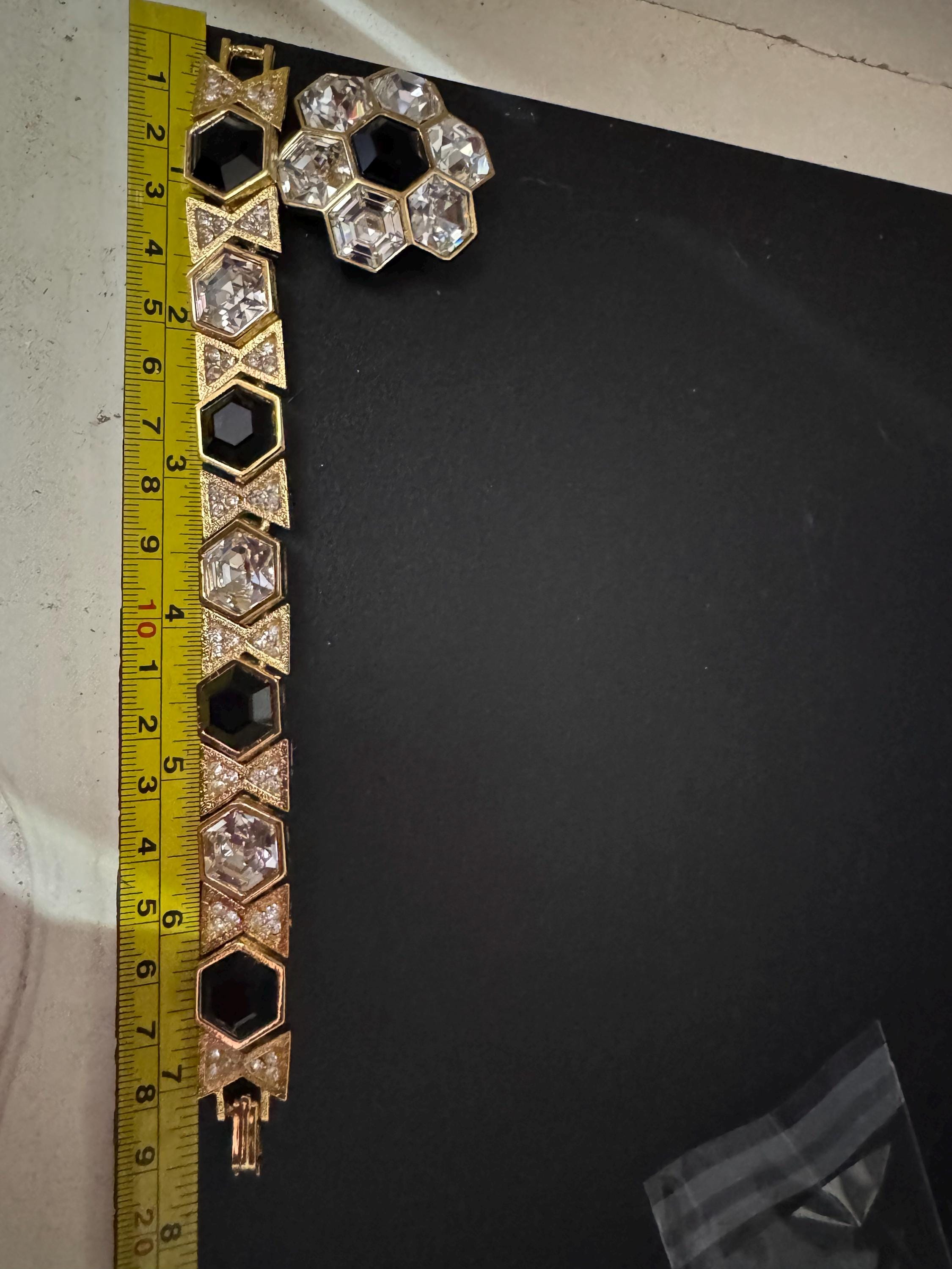 vintage gold tone octagonal ruby black and clear Swarovski crystal cocktail necklace bracelet and matching clip on earrings jewellery set