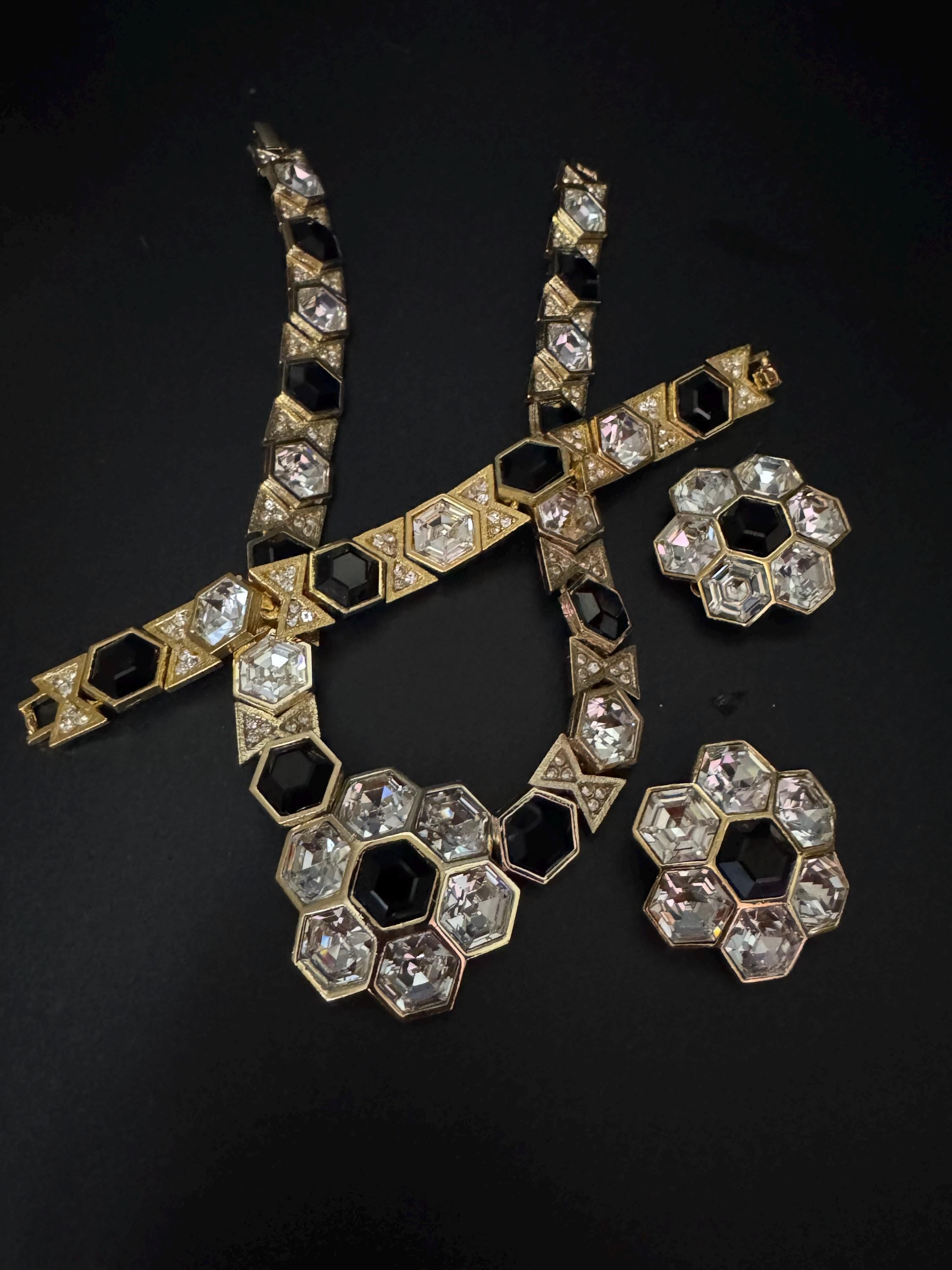 vintage gold tone octagonal ruby black and clear Swarovski crystal cocktail necklace bracelet and matching clip on earrings jewellery set