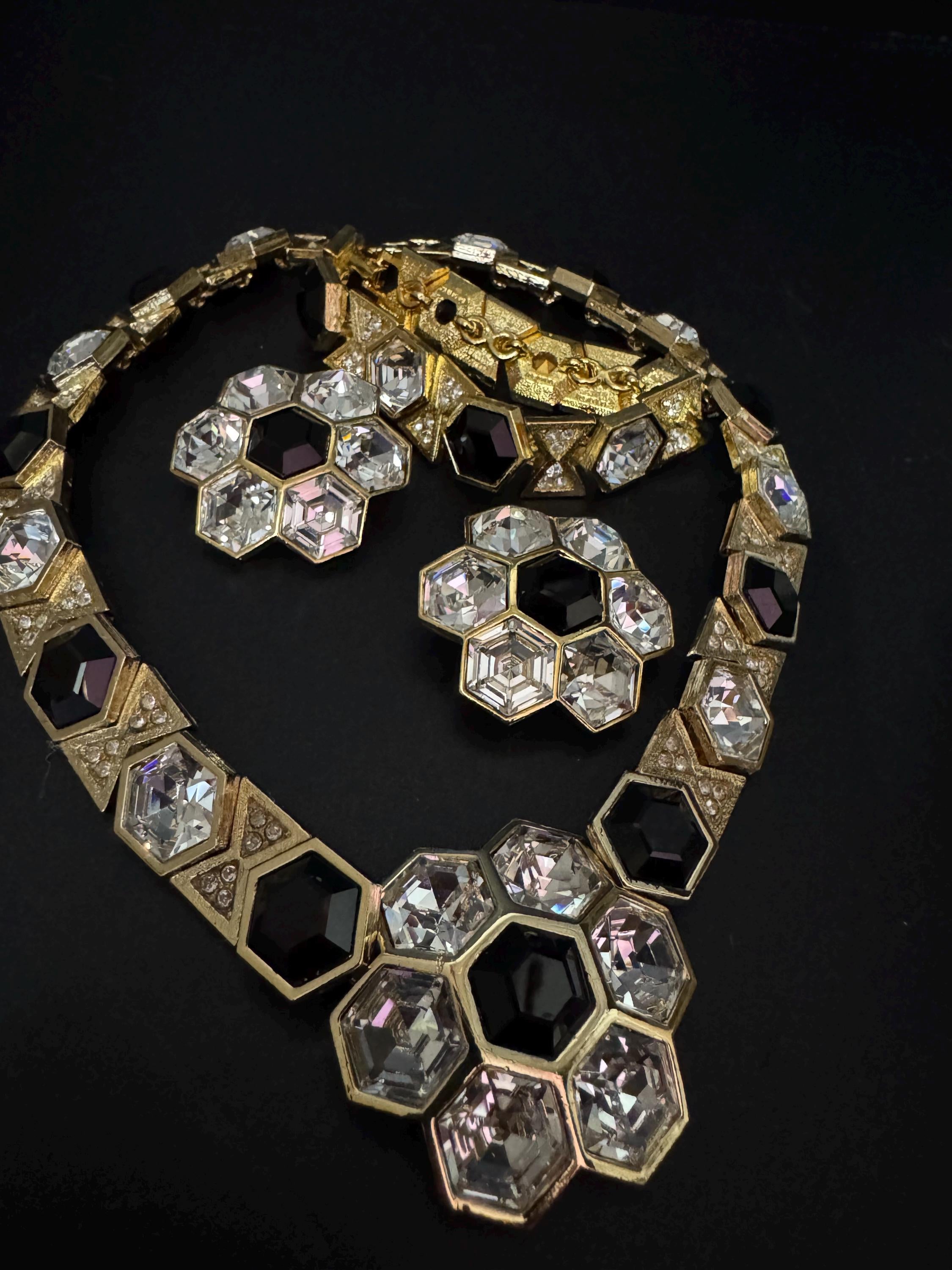 vintage gold tone octagonal ruby black and clear Swarovski crystal cocktail necklace bracelet and matching clip on earrings jewellery set
