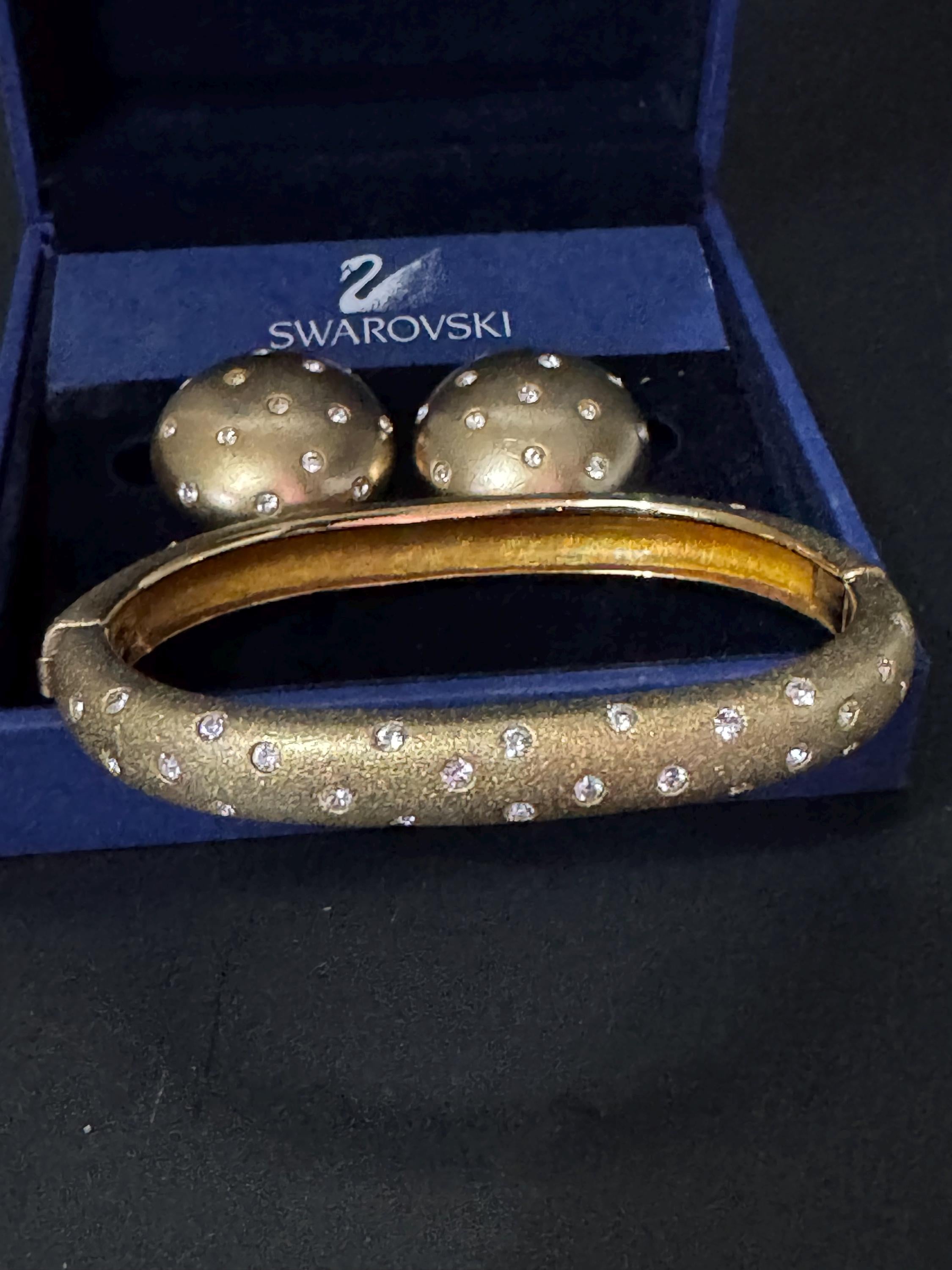 Swarovski Crystal Jewelry Set: Gold Plated Bangle and Clip Earrings, signed