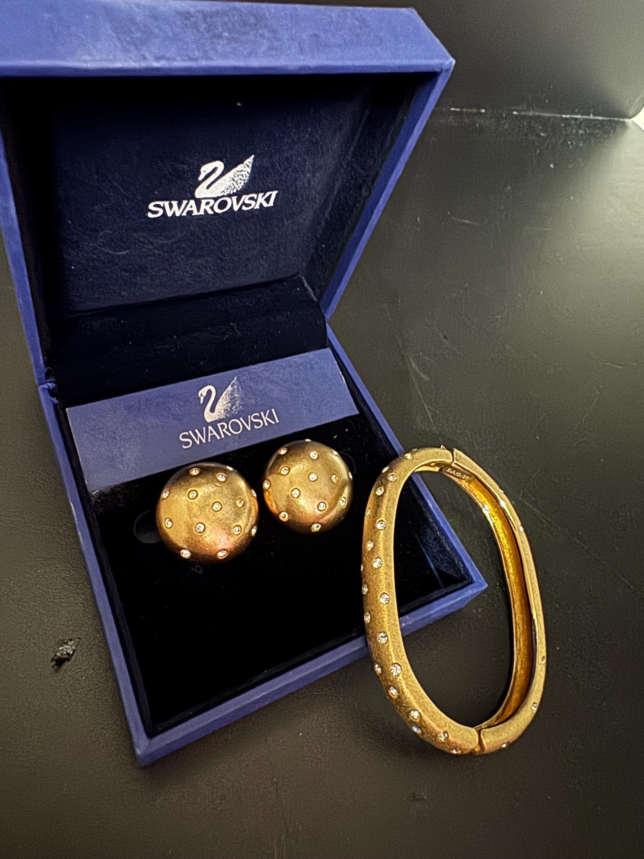 Swarovski Crystal Jewelry Set: Gold Plated Bangle and Clip Earrings, signed