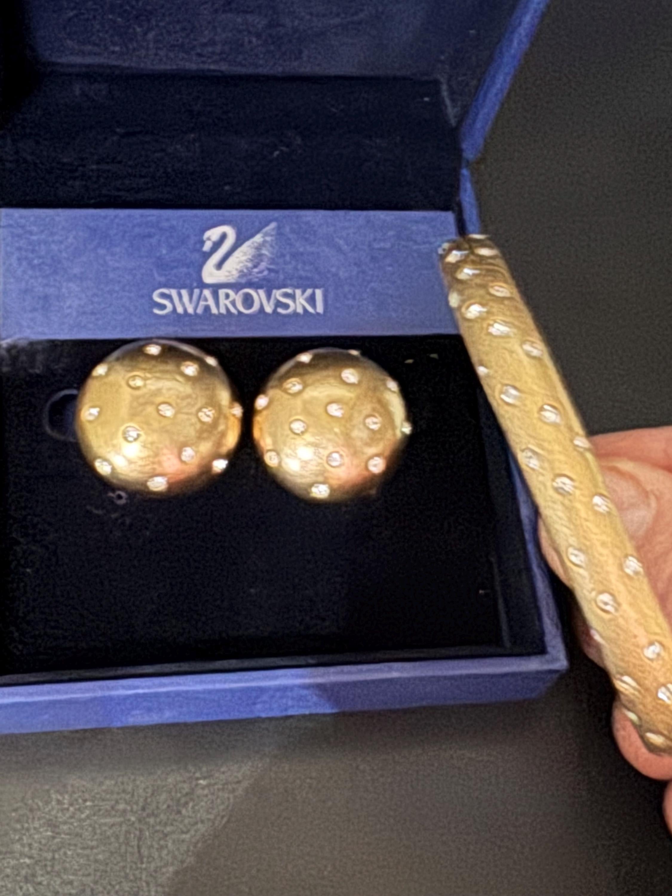 Swarovski Crystal Jewelry Set: Gold Plated Bangle and Clip Earrings, signed