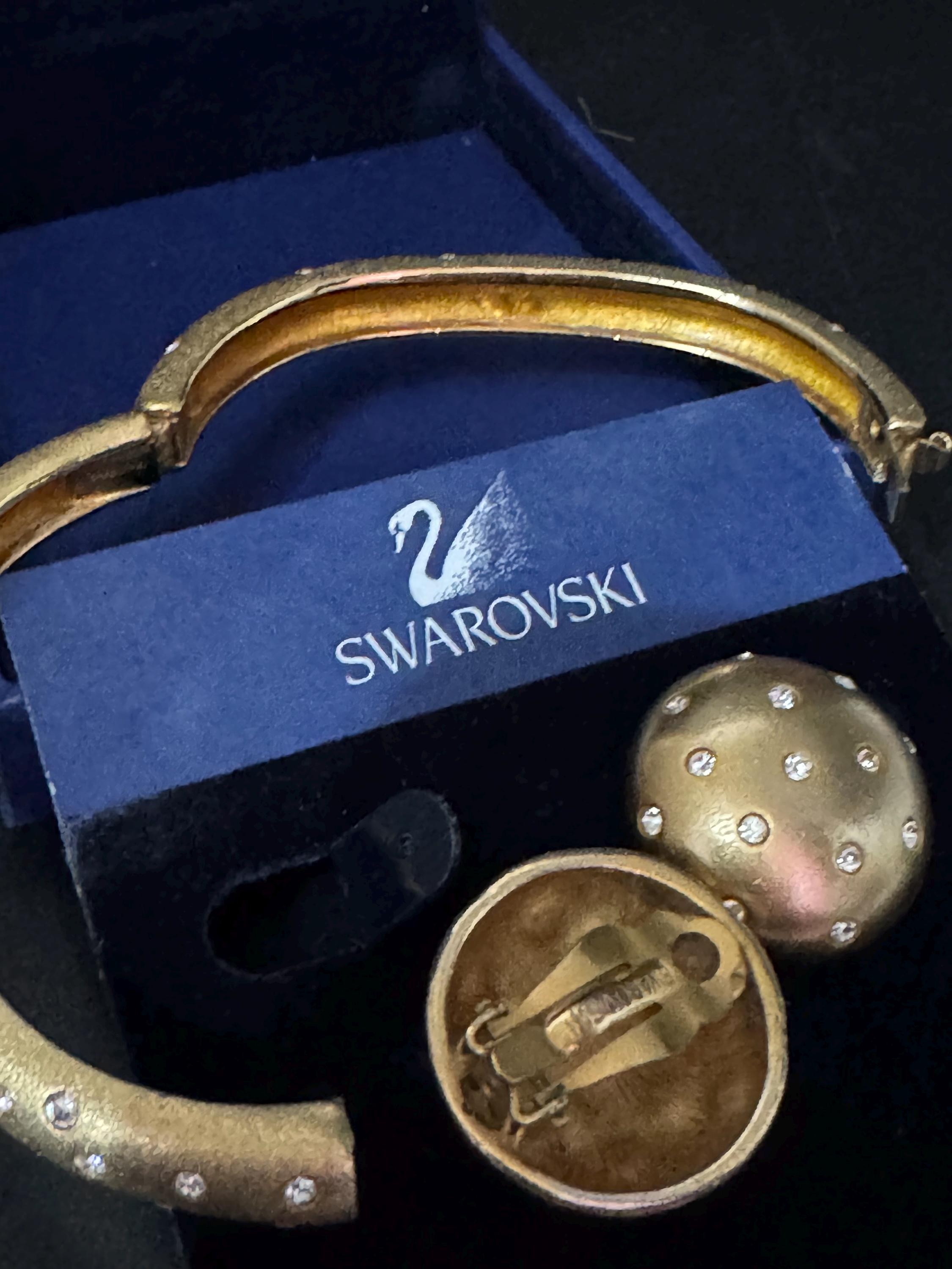 Swarovski Crystal Jewelry Set: Gold Plated Bangle and Clip Earrings, signed