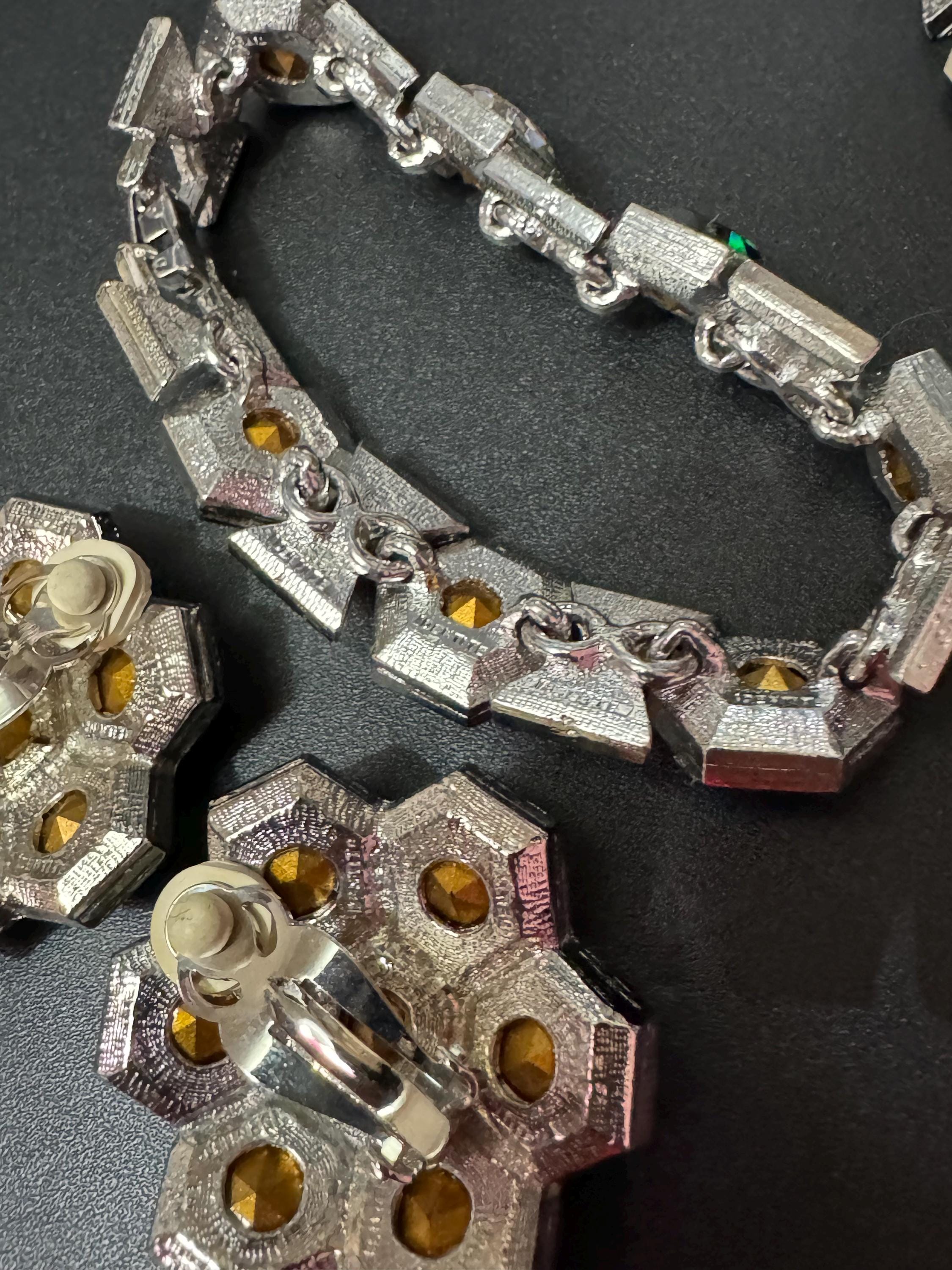 vintage Diamanté silver tone octagonal emerald green Swarovski crystal cocktail necklace bracelet and a clip on earrings jewellery set