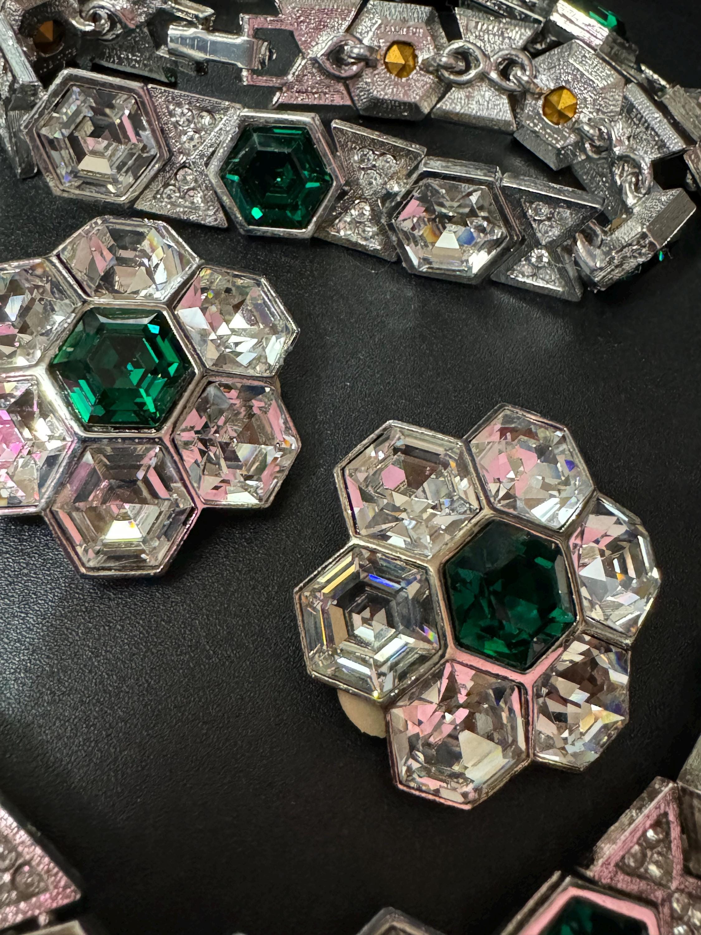 vintage Diamanté silver tone octagonal emerald green Swarovski crystal cocktail necklace bracelet and a clip on earrings jewellery set