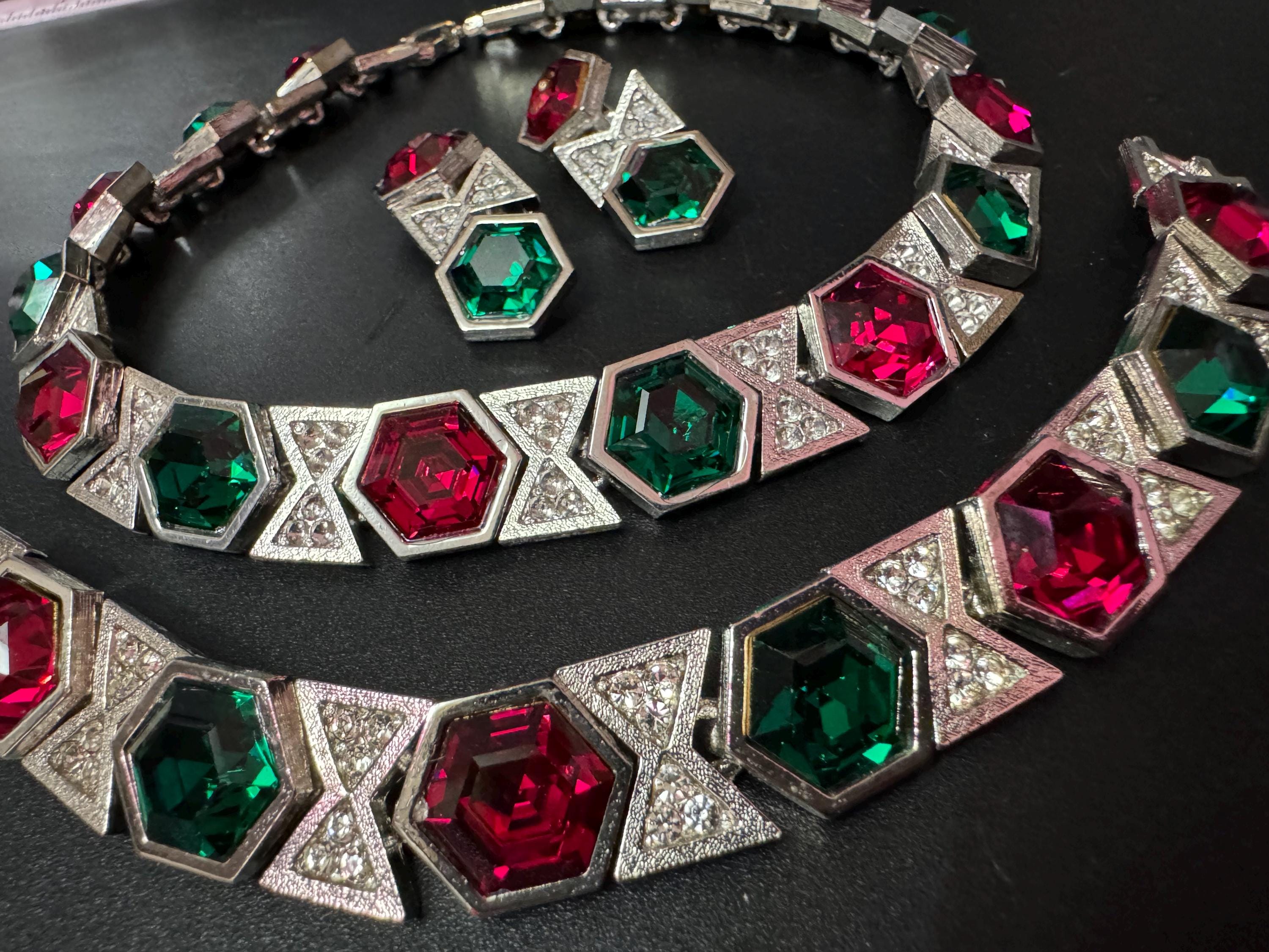 Vintage Silver Tone Swarovski Crystal Jewelry Set: Choker, Bracelet, Earrings