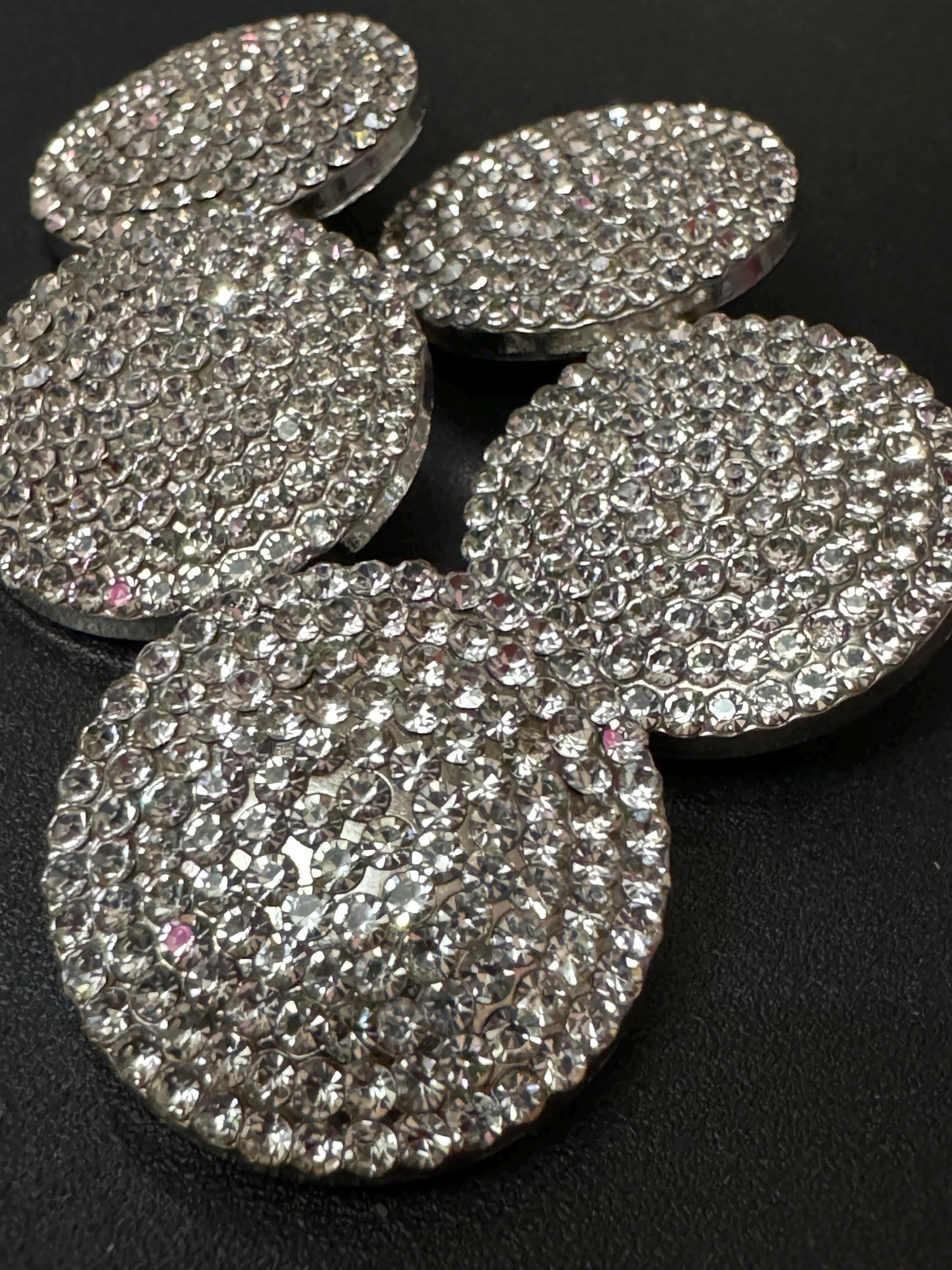 26mm diamanté low domed buttons, Set of 5 silver tone