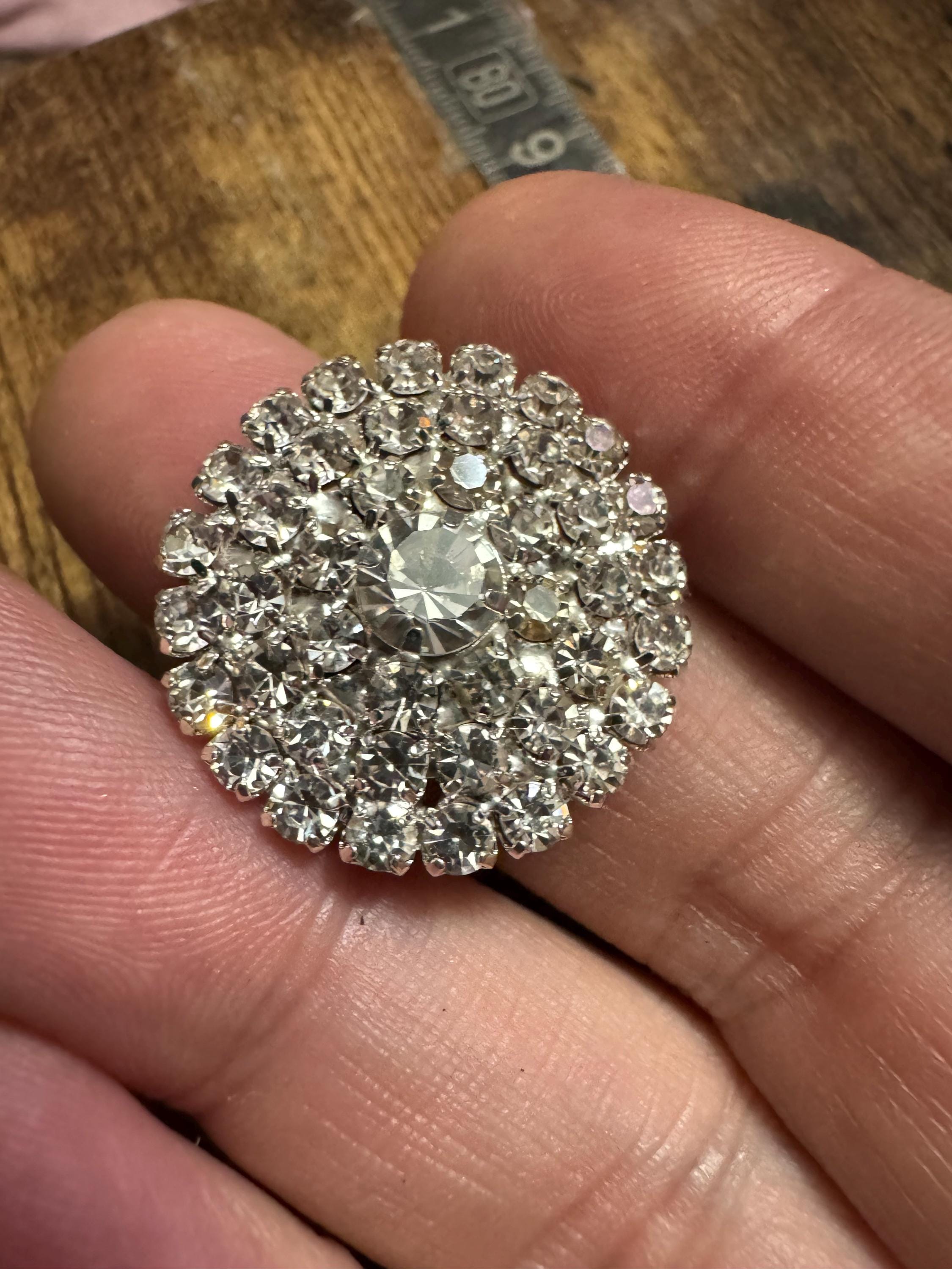 24mm clear diamanté buttons, set 5 low domed silver tone