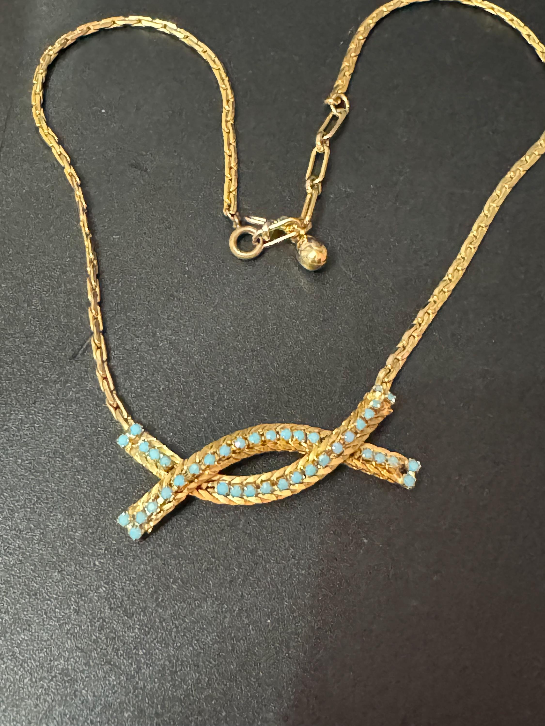 Vintage gold tone mesh collar necklace with turquoise glass paste stones