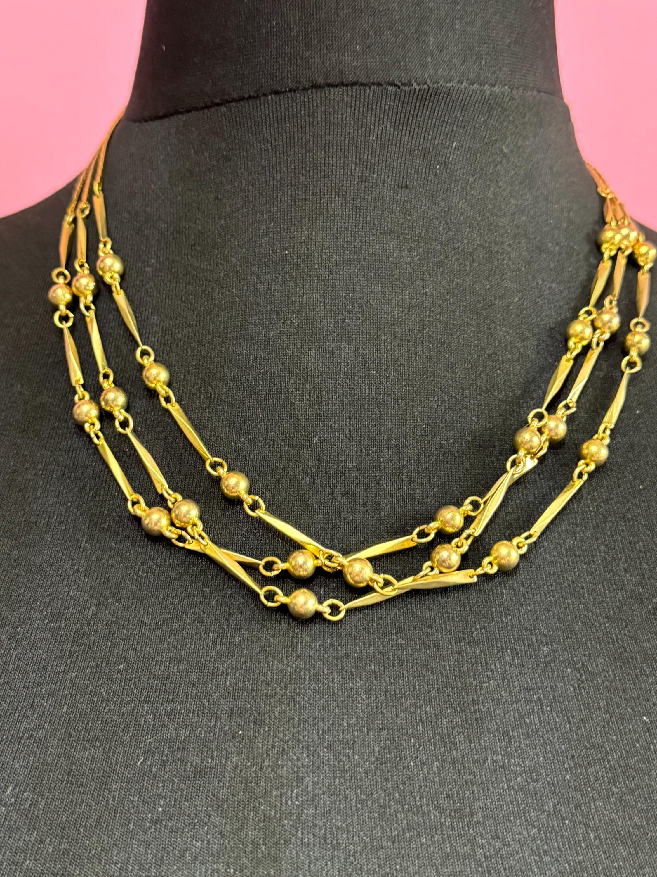 Vintage gold tone modernist ball bead triple row collar necklace