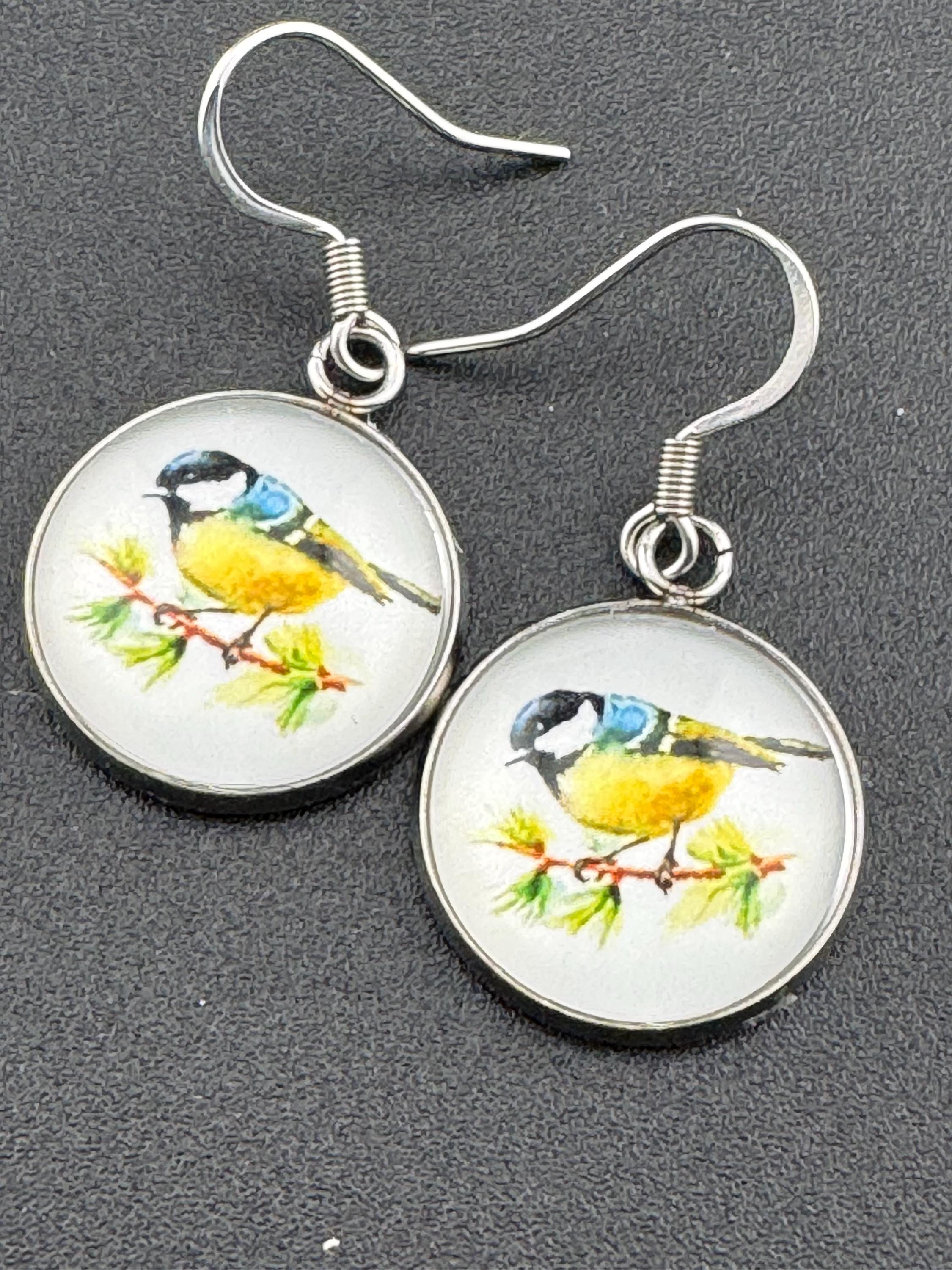 Blue tit drop earrings