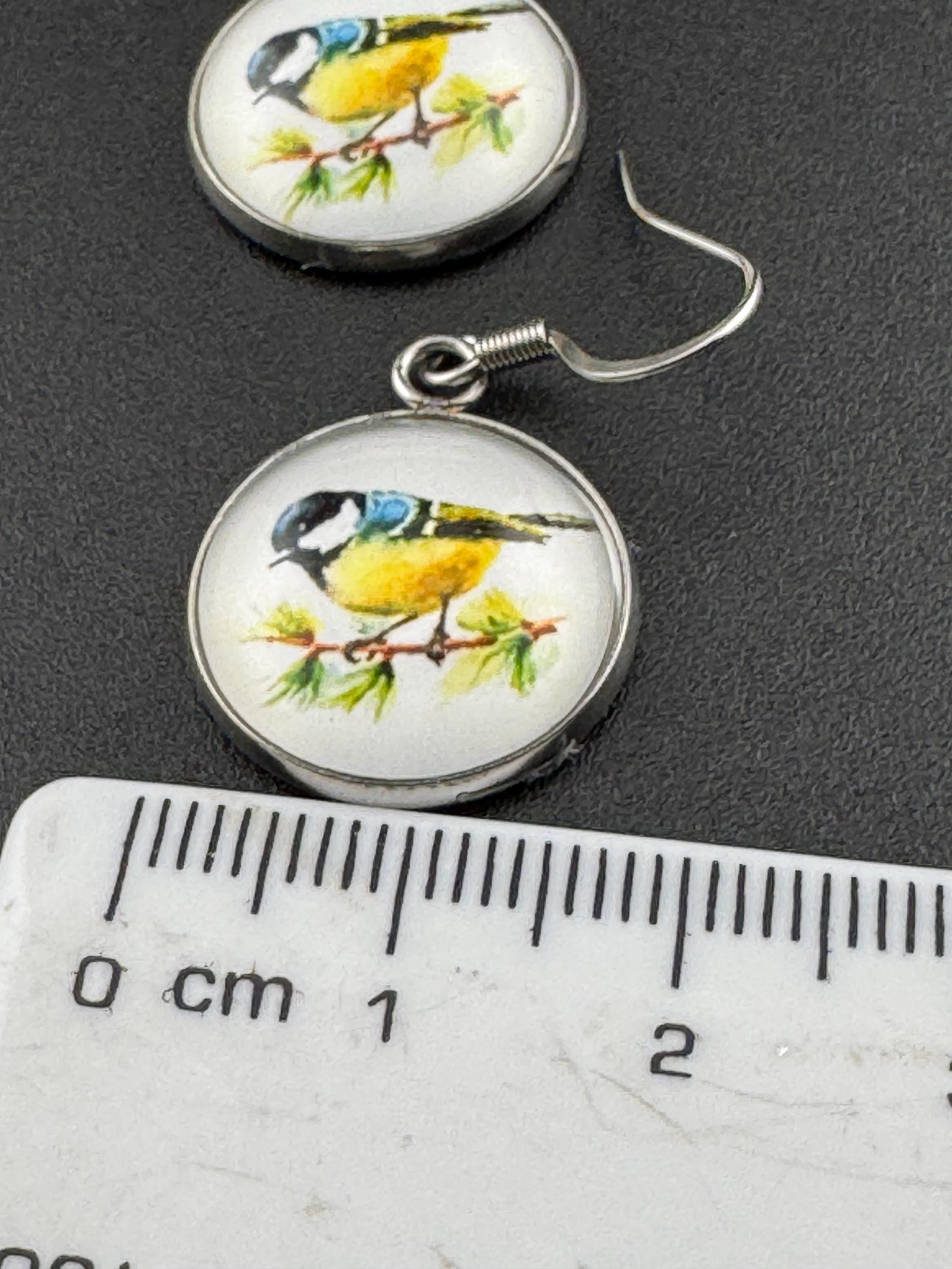 16mm Blue tit earrings glass cabochon Stainless steel garden birds drop earrings