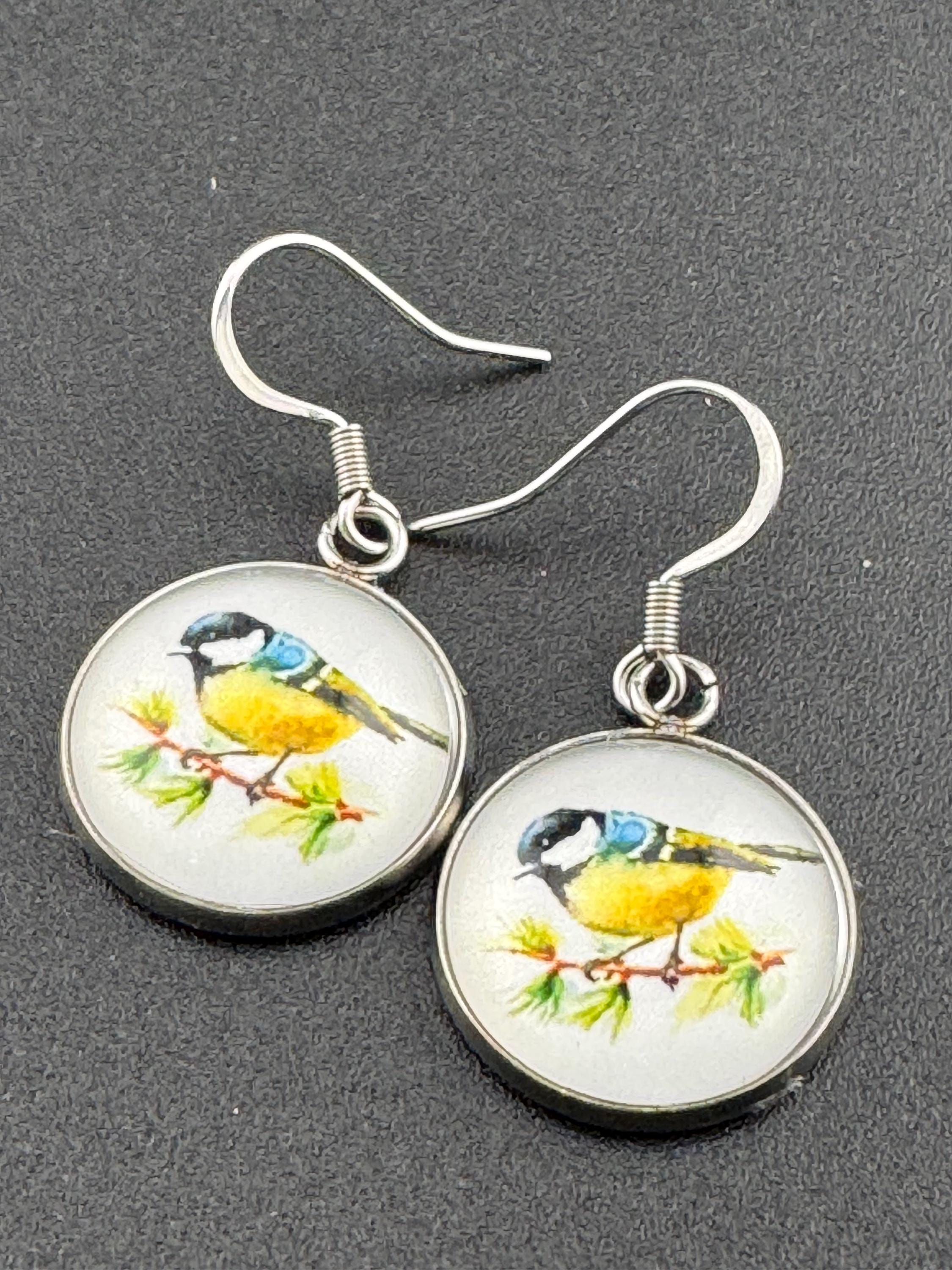 16mm Blue tit earrings glass cabochon Stainless steel garden birds drop earrings