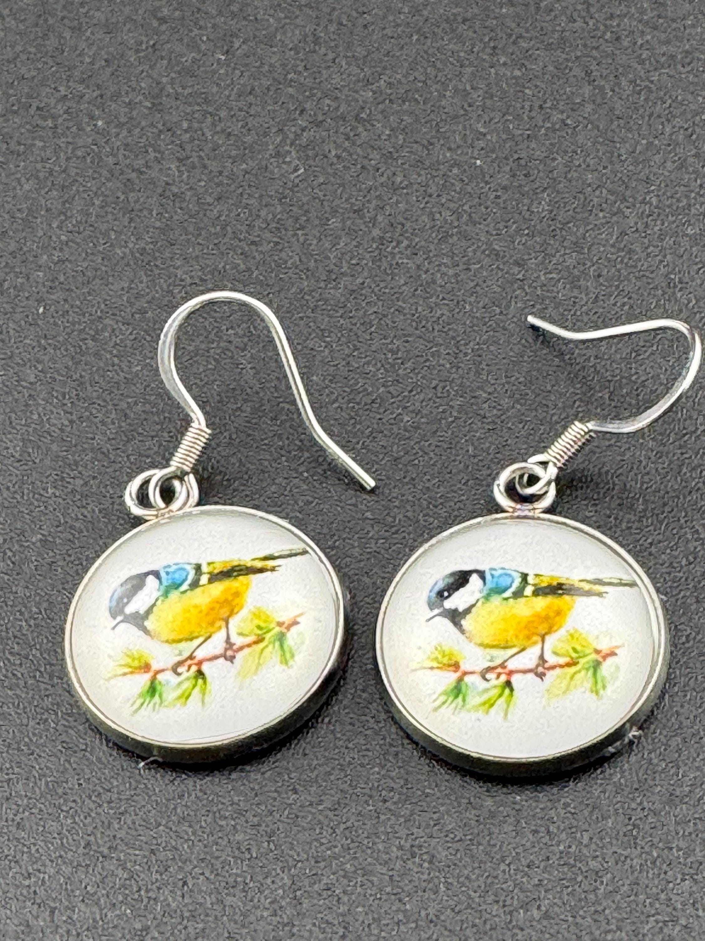 16mm Blue tit earrings glass cabochon Stainless steel garden birds drop earrings