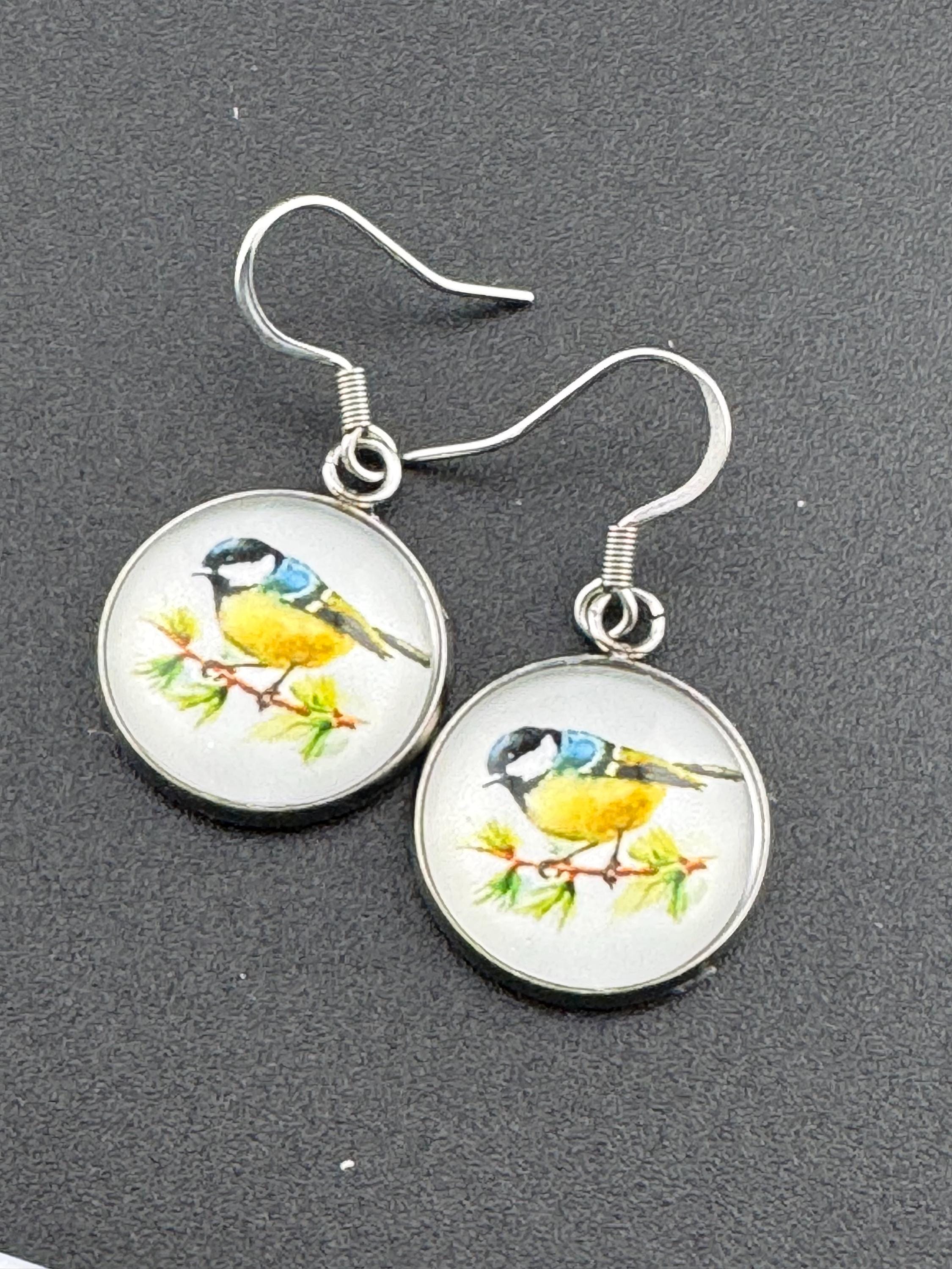 16mm Blue tit earrings glass cabochon Stainless steel garden birds drop earrings