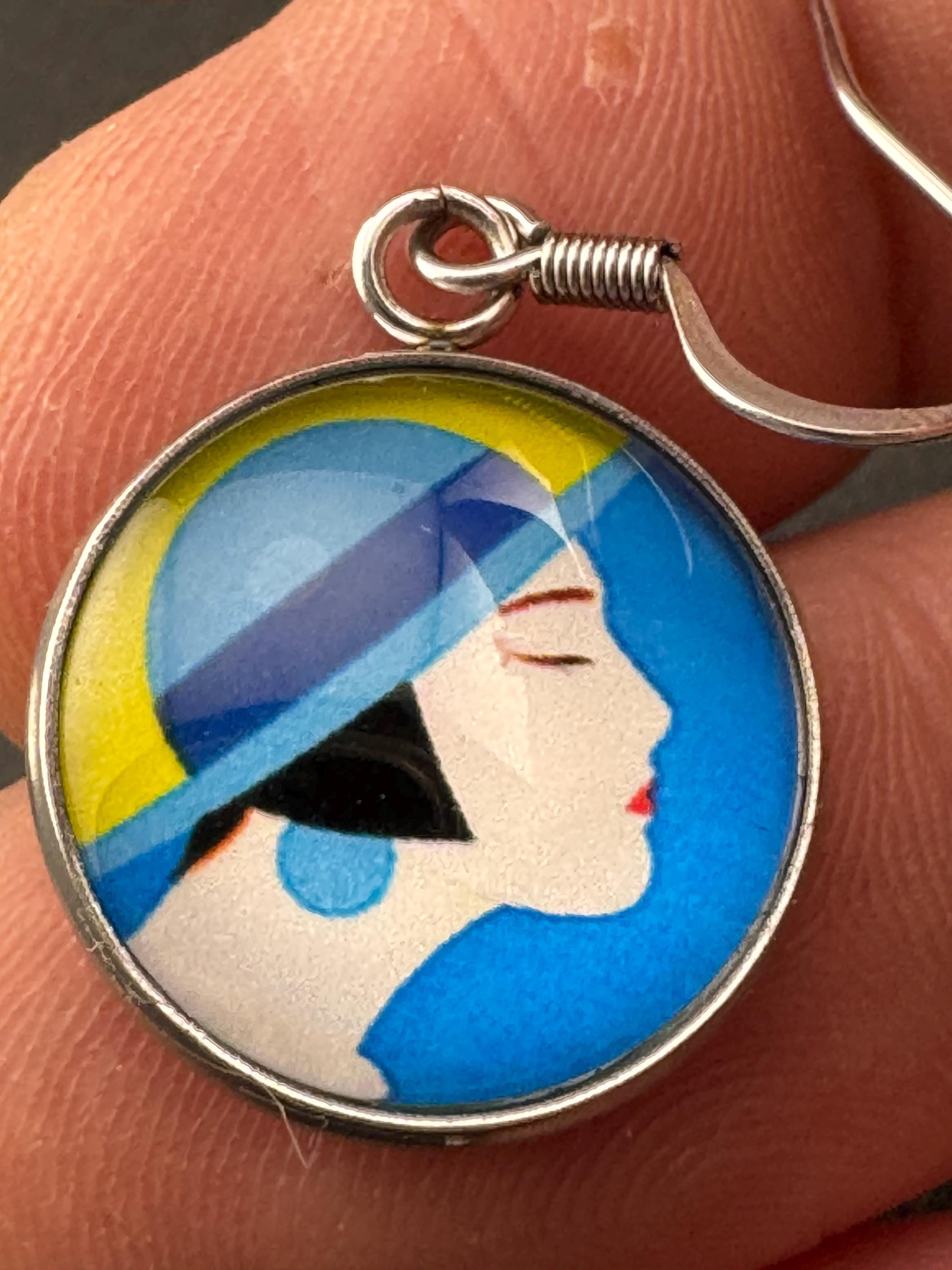 Art Deco lady blue yellow stainless steel no tarnish drop dangly earrings 16mm glass cabochons