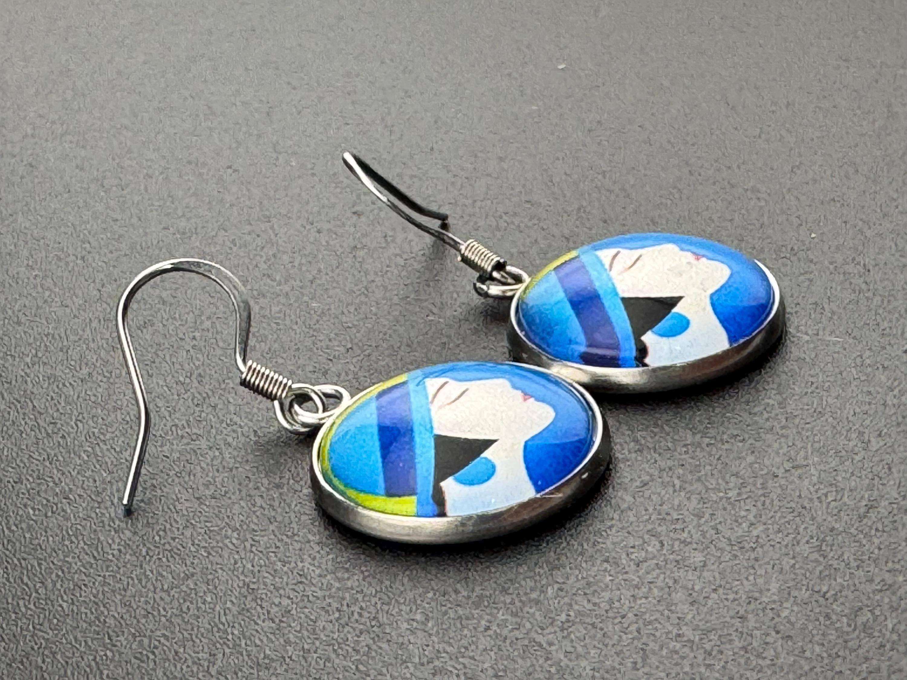 Art Deco lady blue yellow stainless steel no tarnish drop dangly earrings 16mm glass cabochons