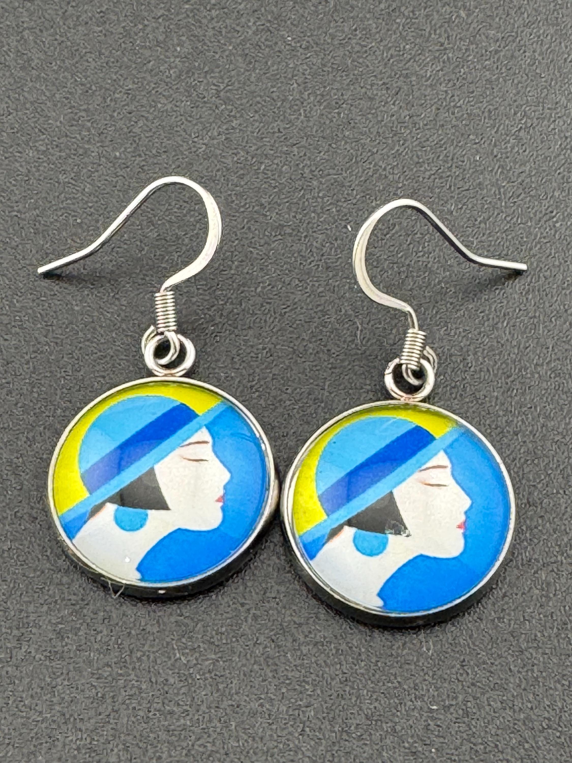 Art Deco lady blue yellow stainless steel no tarnish drop dangly earrings 16mm glass cabochons