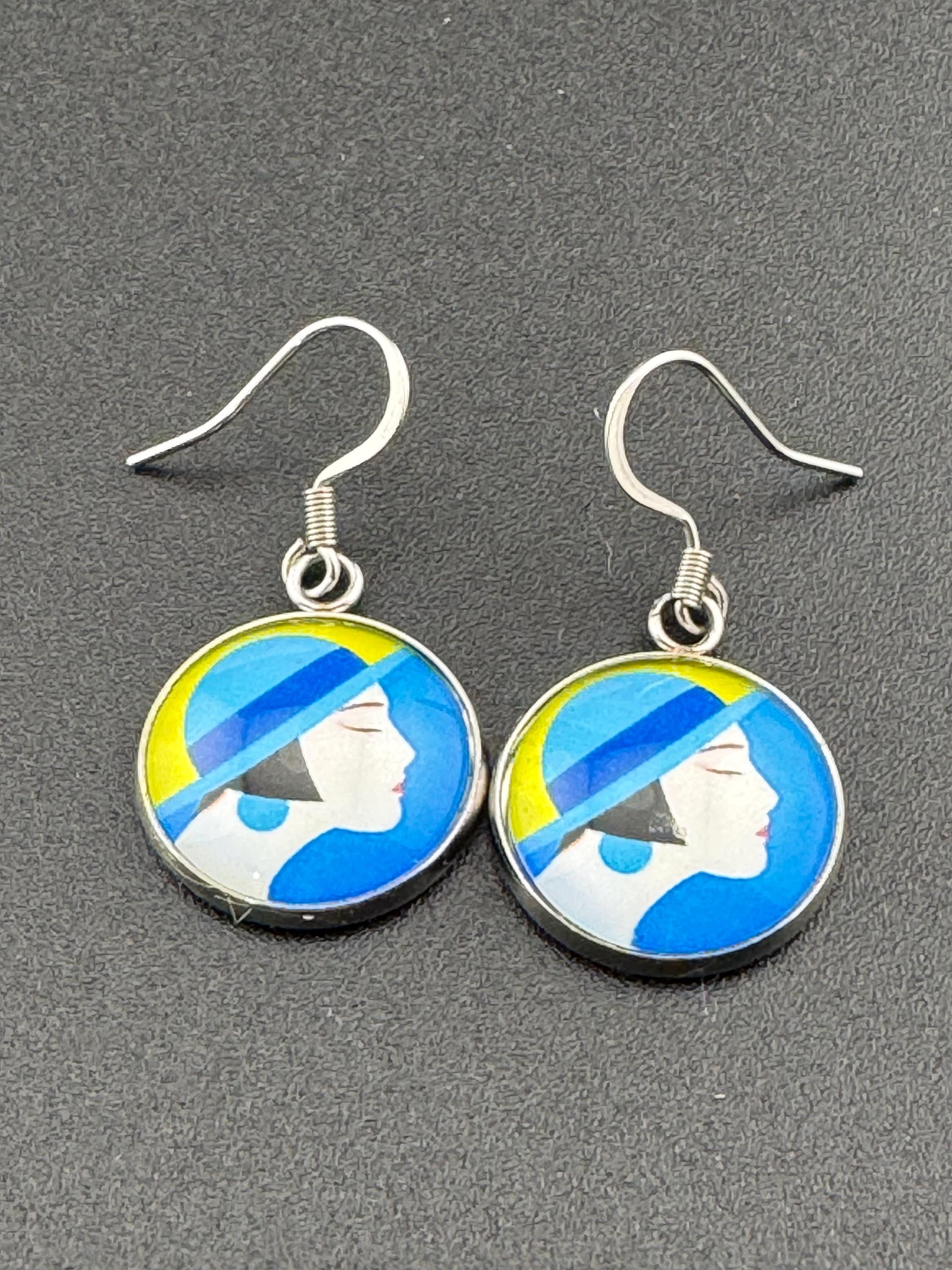 Art Deco lady blue yellow stainless steel no tarnish drop dangly earrings 16mm glass cabochons