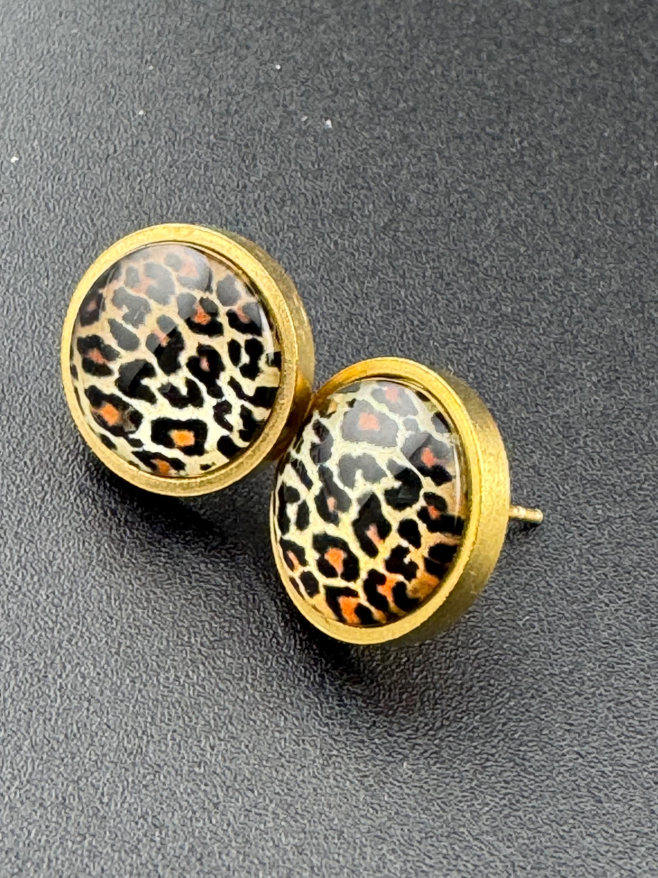 Leopard print studs 12mm glass cabochon stainless steel gold tone Brown pierced earrings