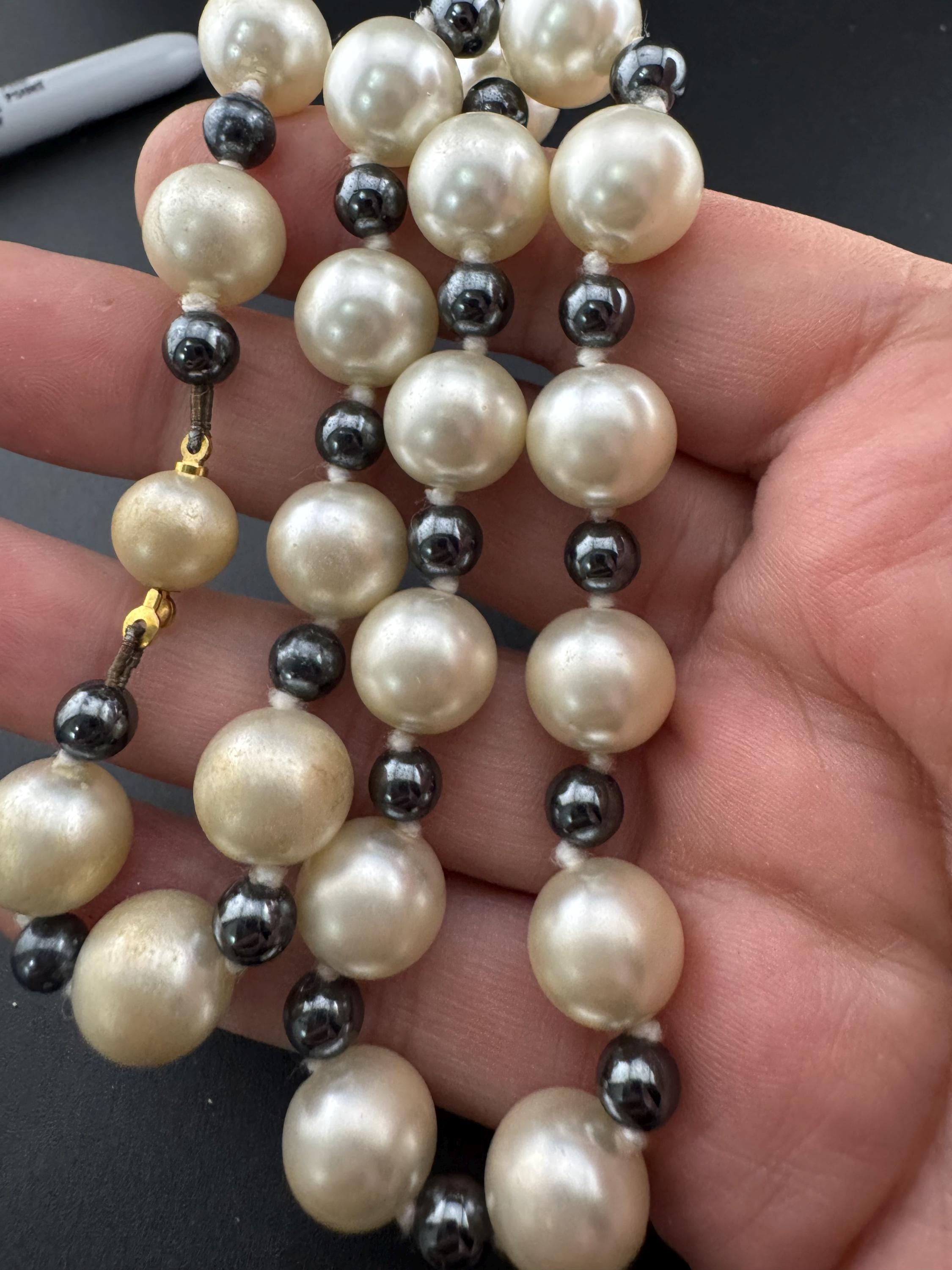 Vintage Glass Pearl Collar Necklace - Grey and Cream, 44cm