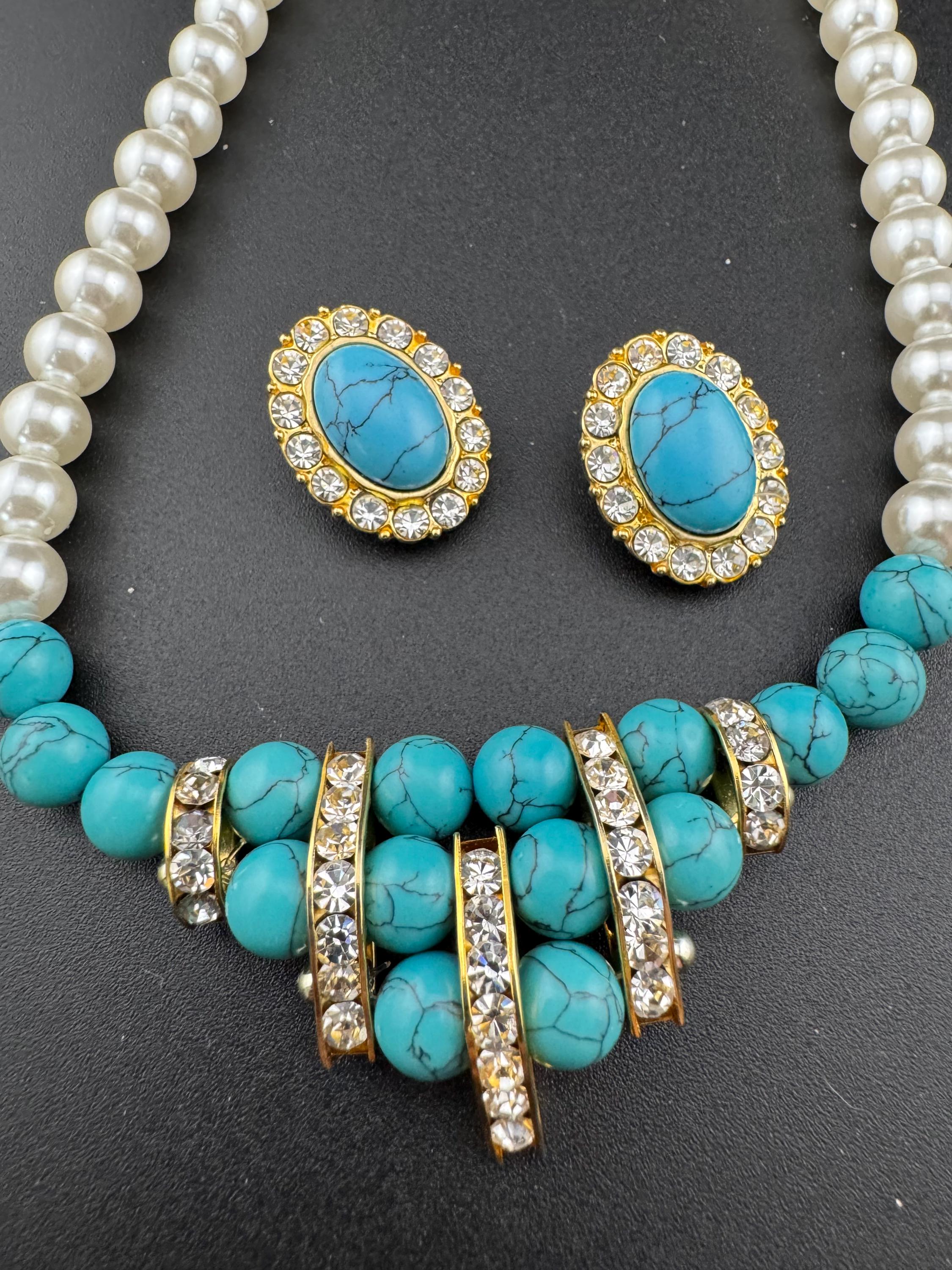 Retro 1980s faux glass cream pearl beaded turquoise gemstone and diamanté necklace and matching bracelet and earrings jewellery set