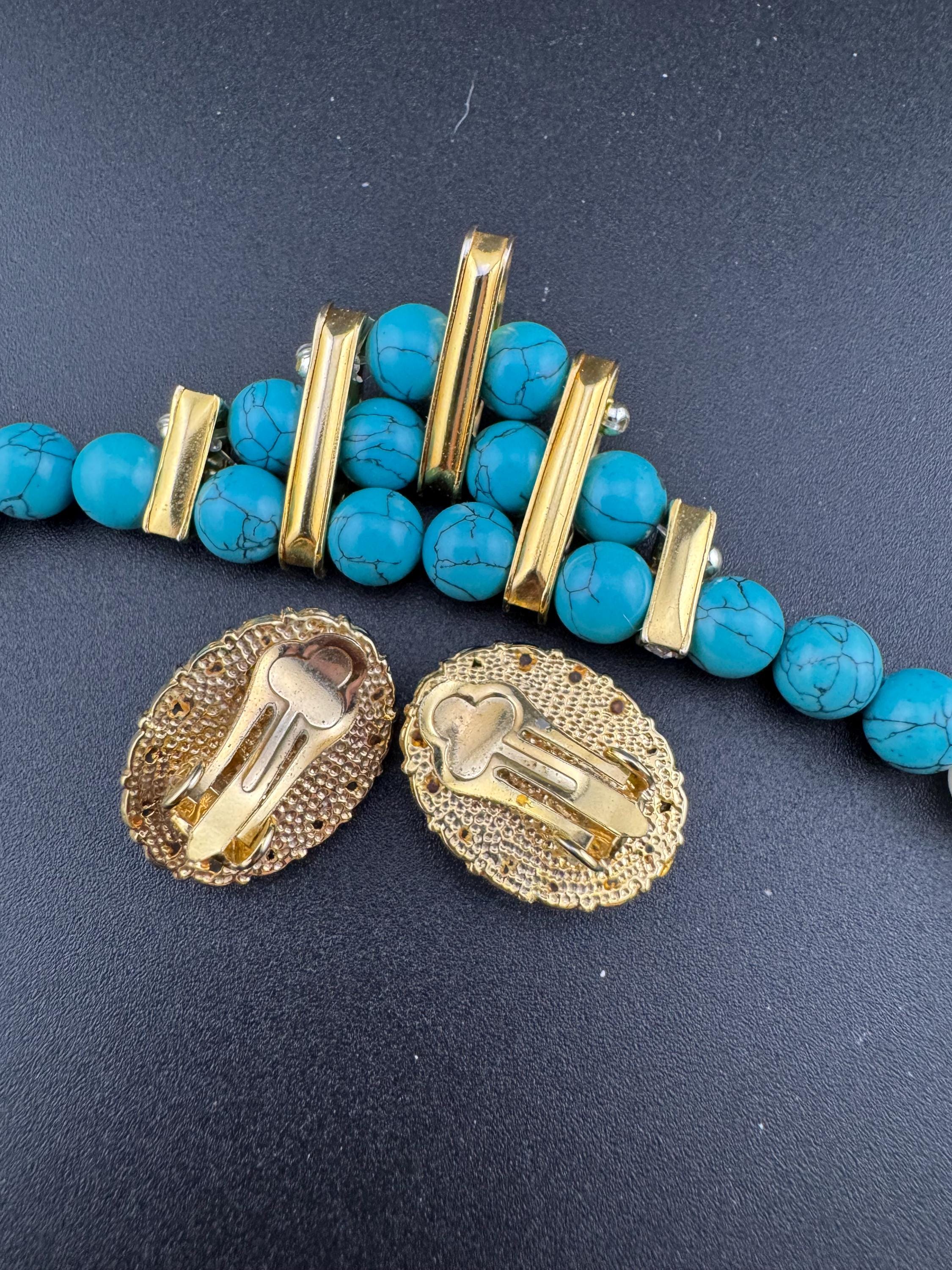 Retro 1980s faux glass cream pearl beaded turquoise gemstone and diamanté necklace and matching bracelet and earrings jewellery set