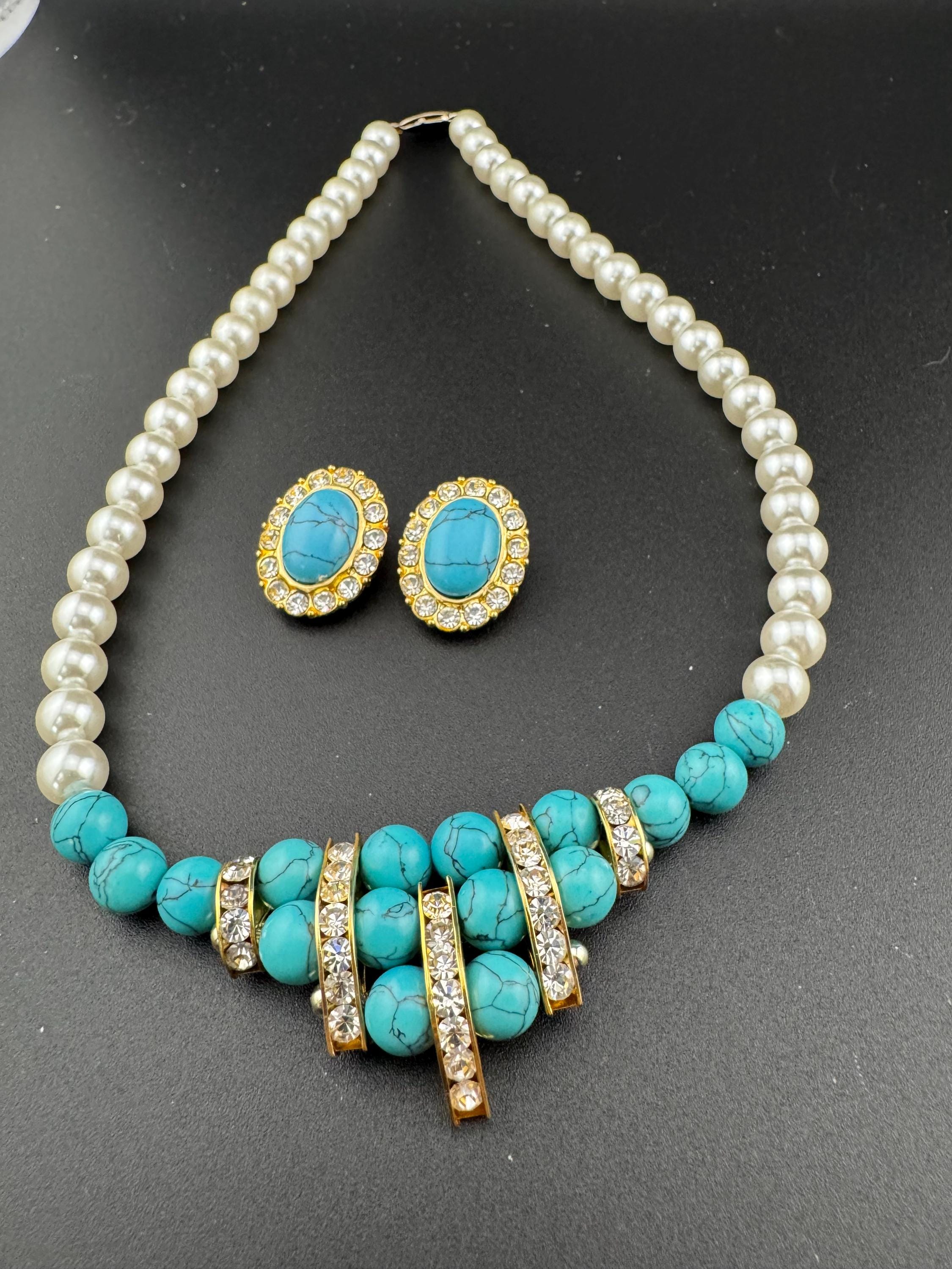 Retro 1980s faux glass cream pearl beaded turquoise gemstone and diamanté necklace and matching bracelet and earrings jewellery set