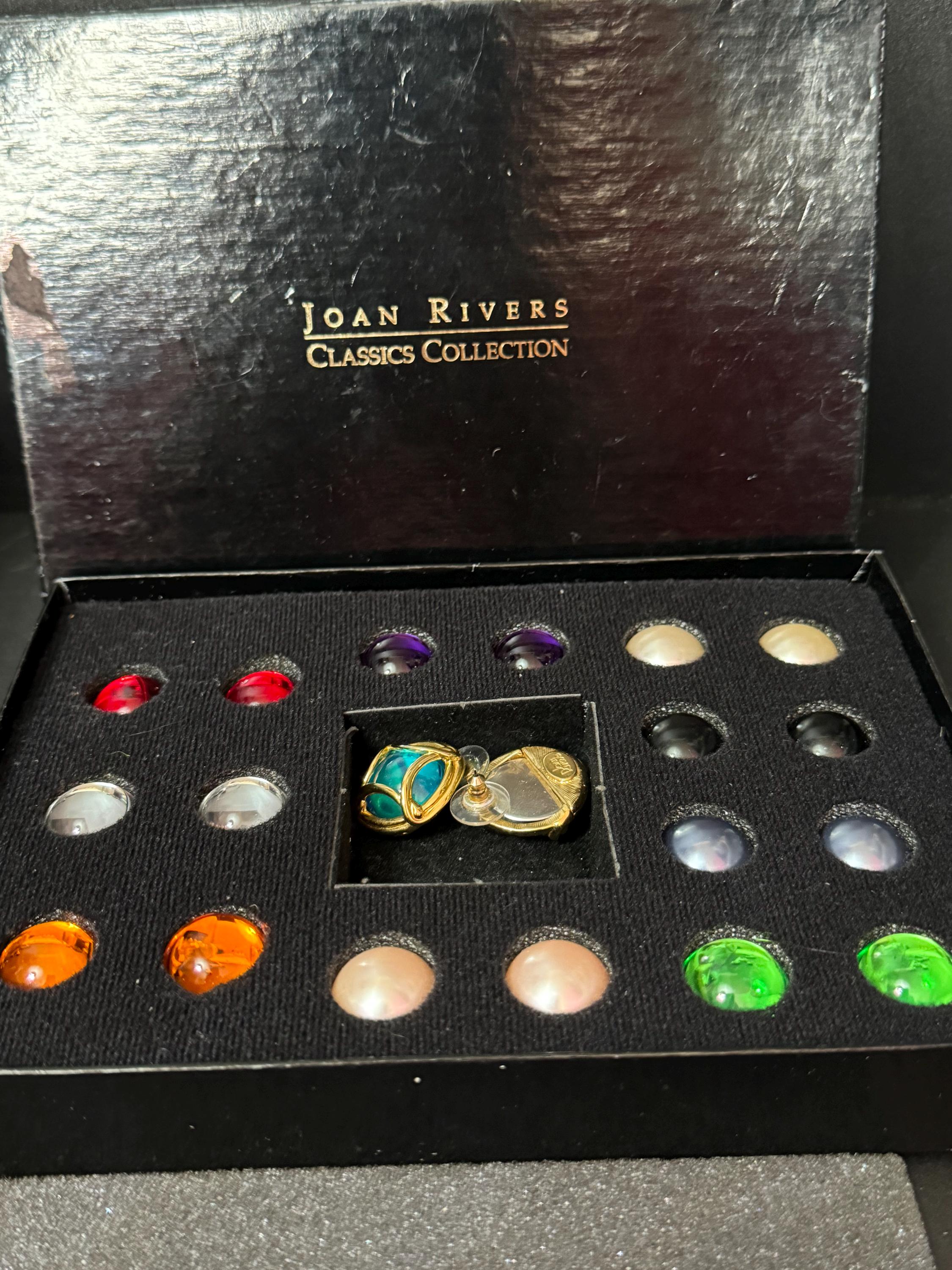 Signed Joan rivers collection of interchangeable glass cabochons gold tone pierced stud earrings pearl ruby emerald amethyst grey glass set