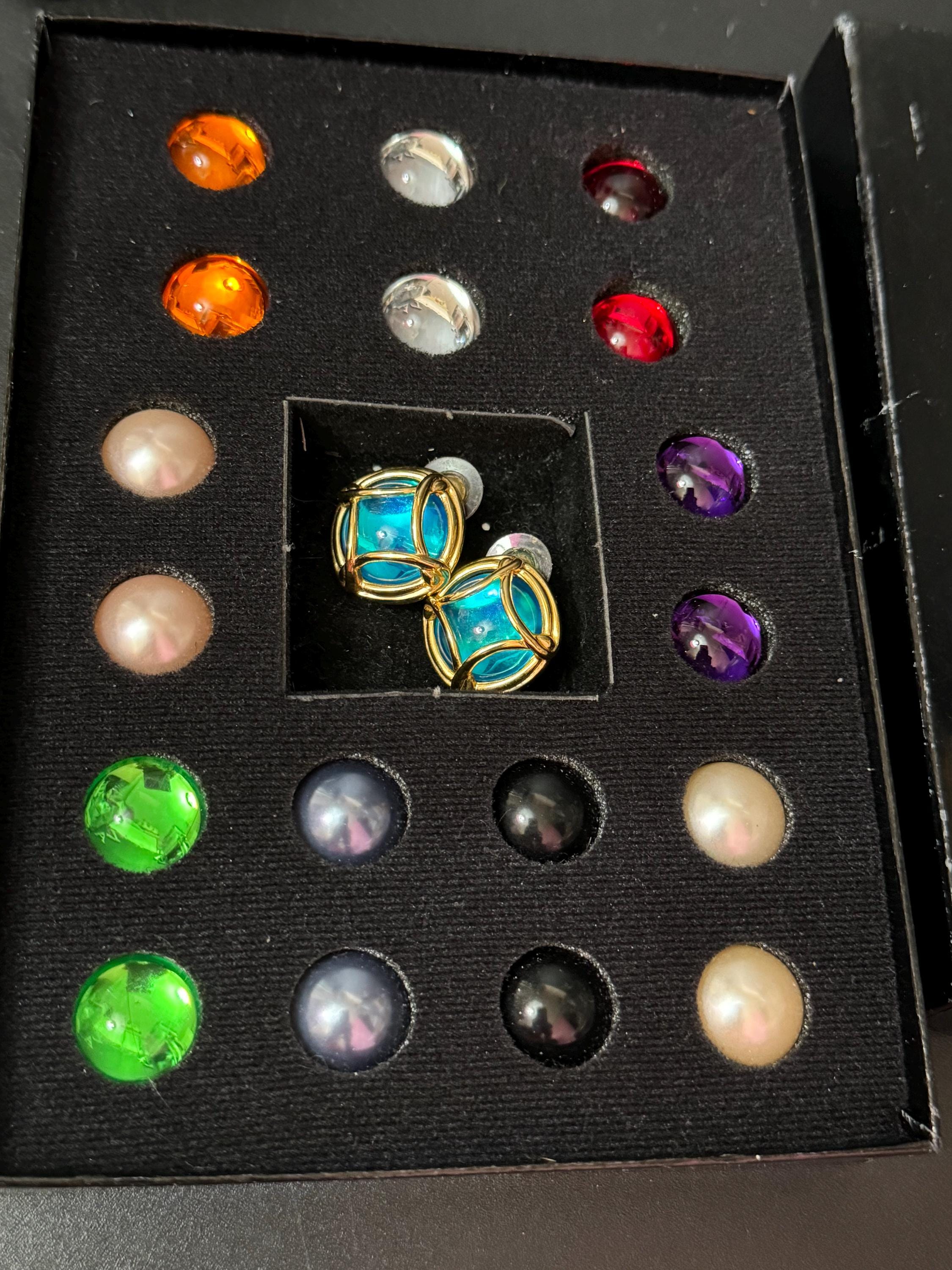 Signed Joan rivers collection of interchangeable glass cabochons gold tone pierced stud earrings pearl ruby emerald amethyst grey glass set