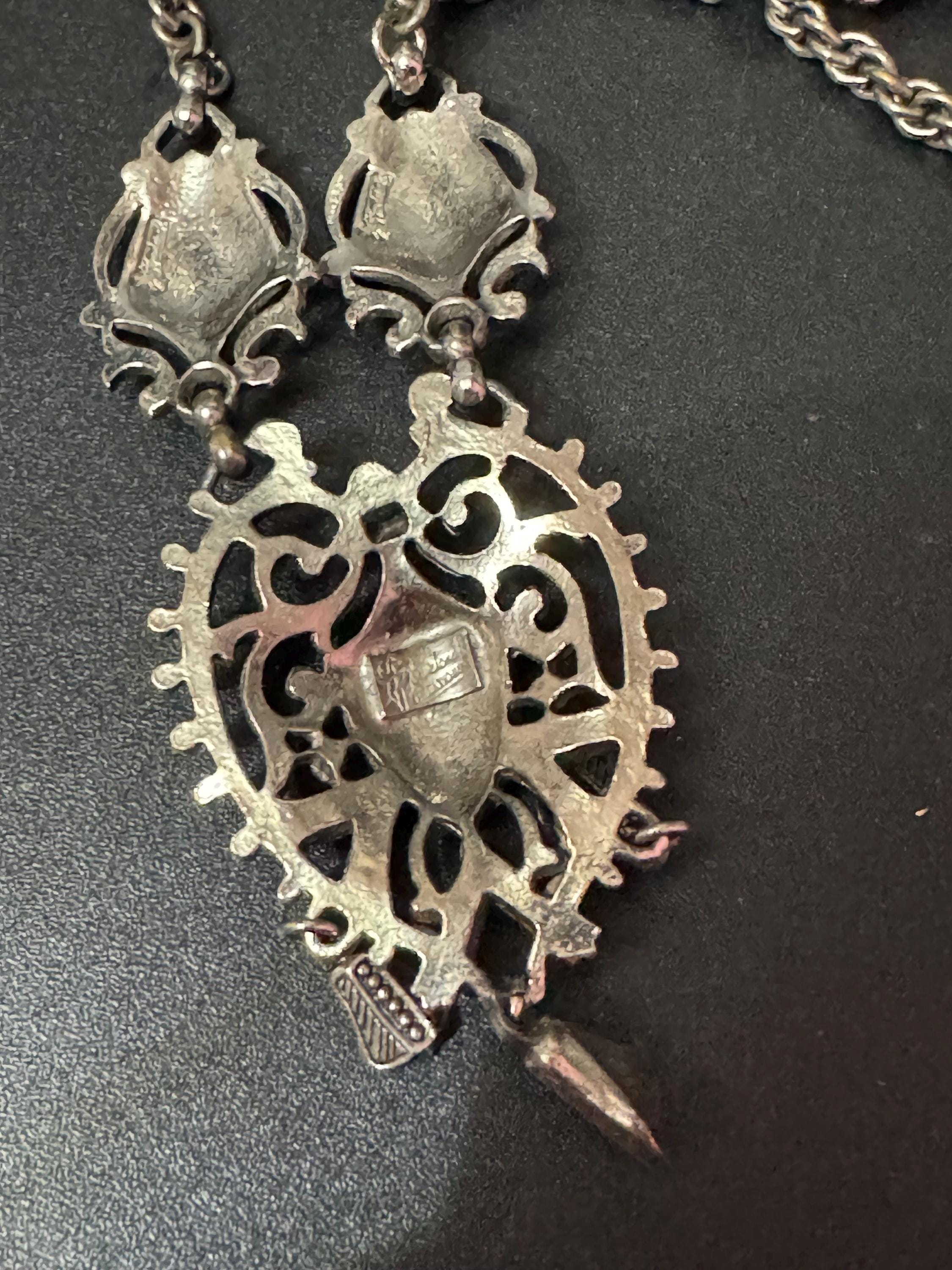 JEWELCRAFT necklace signed Vintage french style rococo ornate silver tone detailed pendant drop necklace