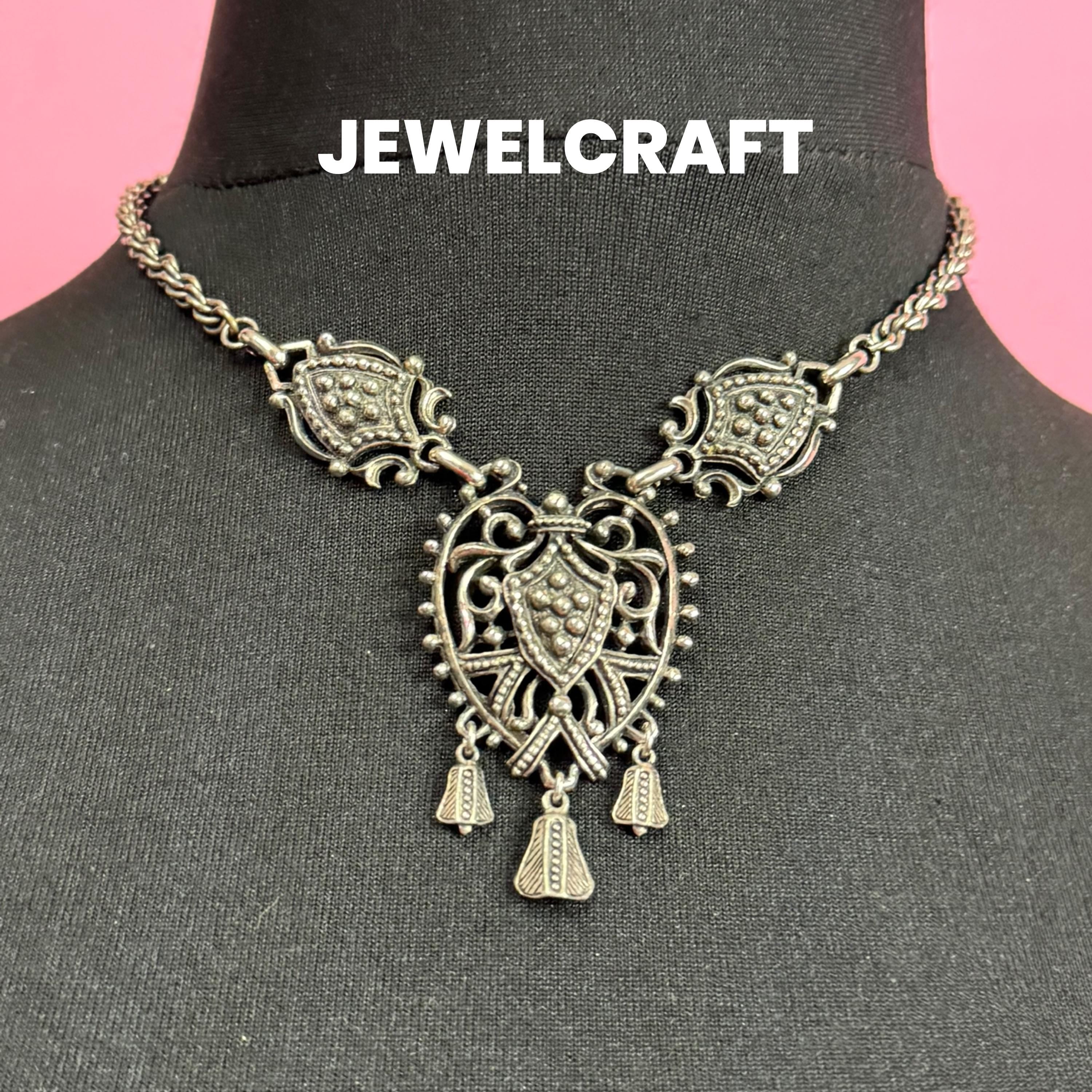 JEWELCRAFT necklace signed Vintage french style rococo ornate silver tone detailed pendant drop necklace