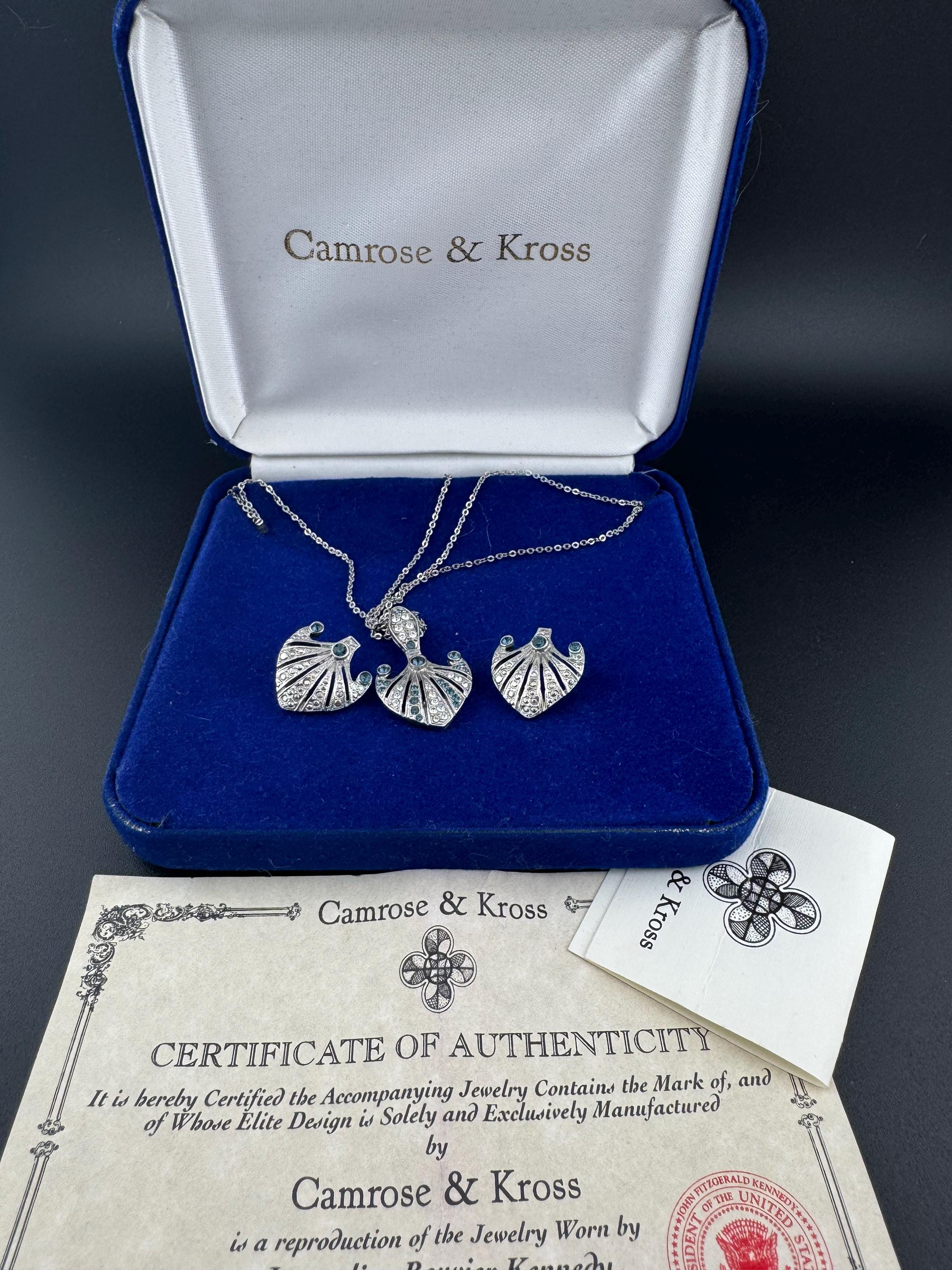 Vintage JBK Camrose & Kross Rhinestone Sapphire Necklace and Earrings Set