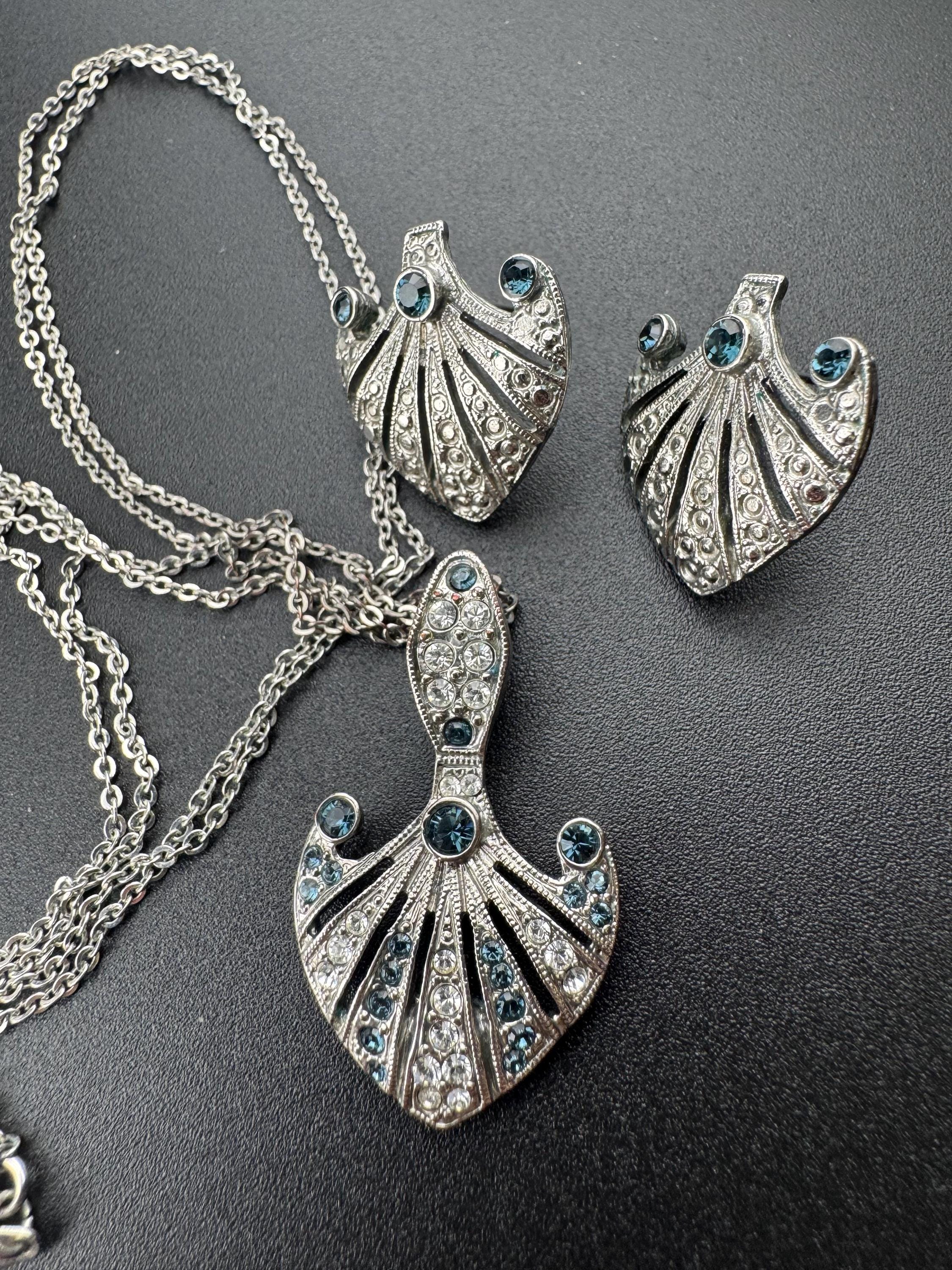 Vintage JBK Camrose & Kross Rhinestone Sapphire Necklace and Earrings Set