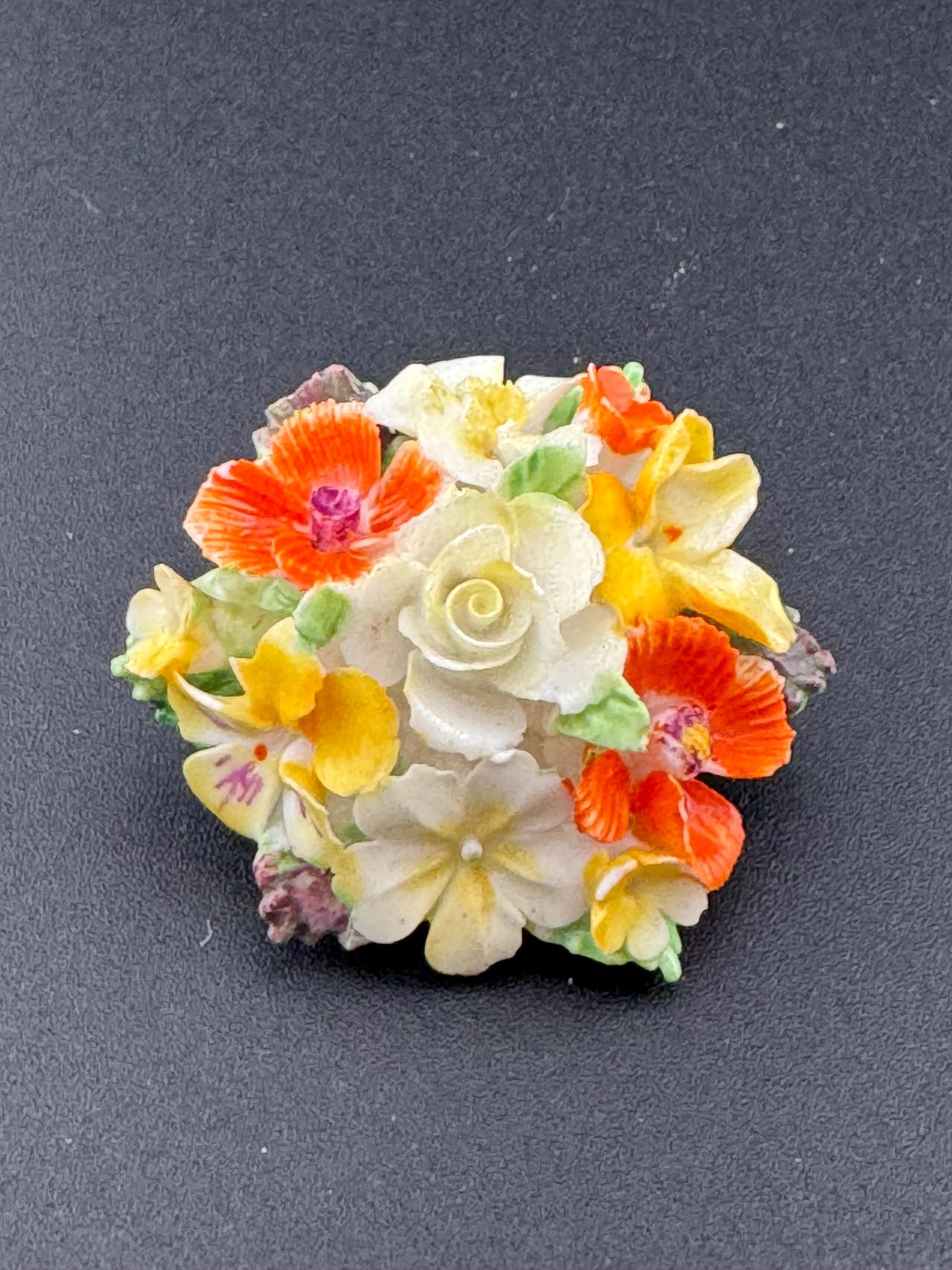 Vintage crown ceramic Cluster flower floral spring brooch