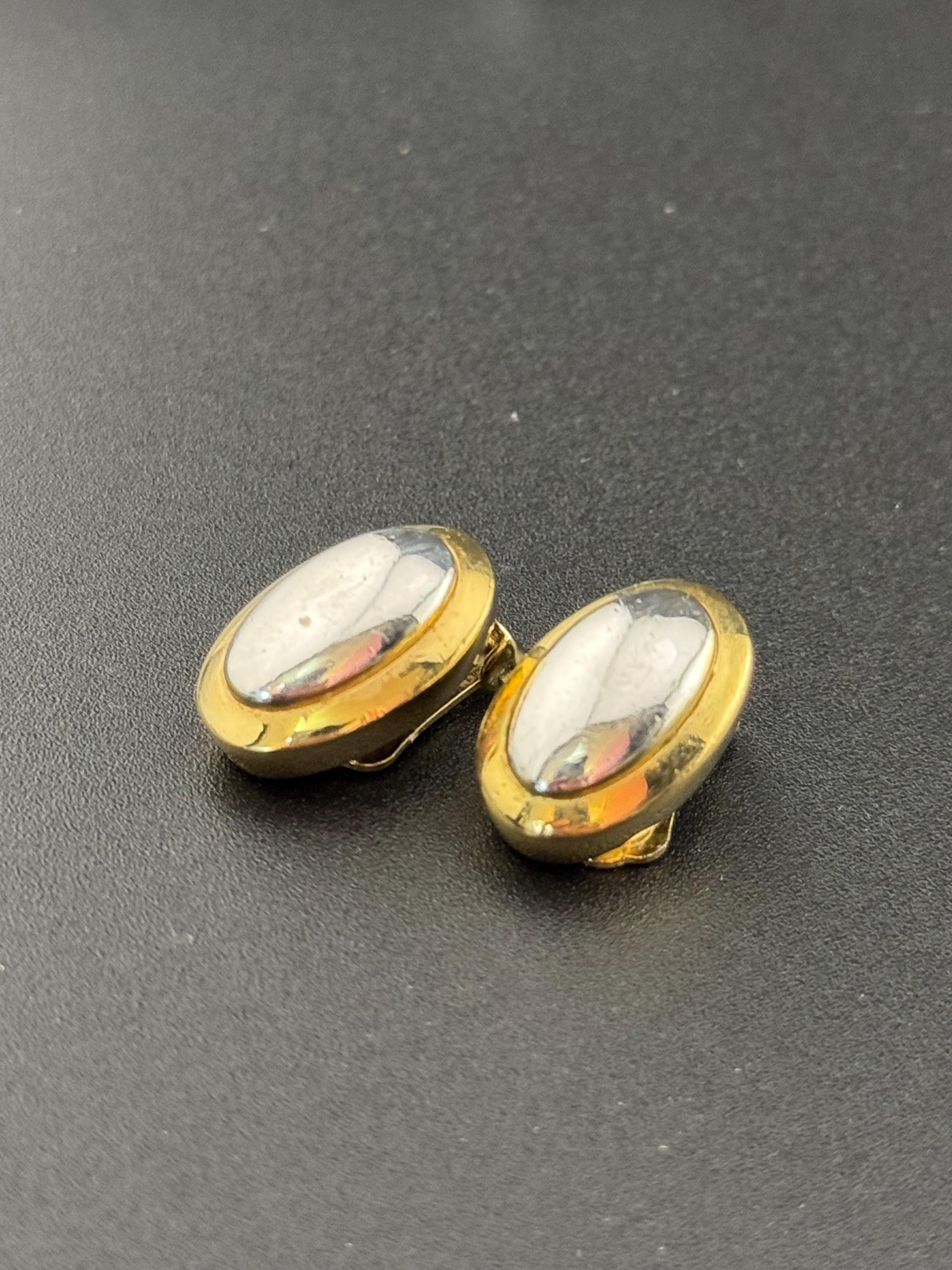 Vintage signed GROSSE gold tone and silver small oval pierced stud earrings